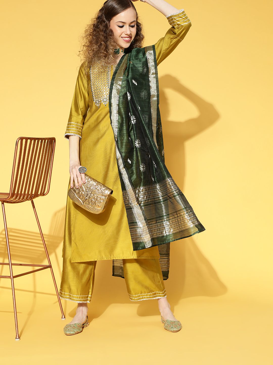 Indo Era Mustard Liva Calf Length Kurta Set