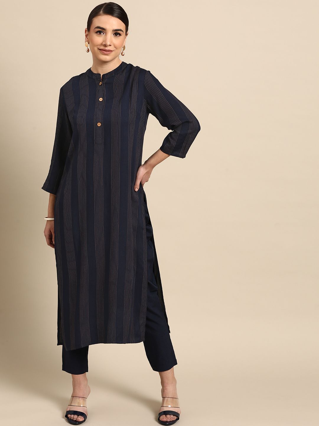 Anouk Women Navy Blue Striped Kurta Price in India