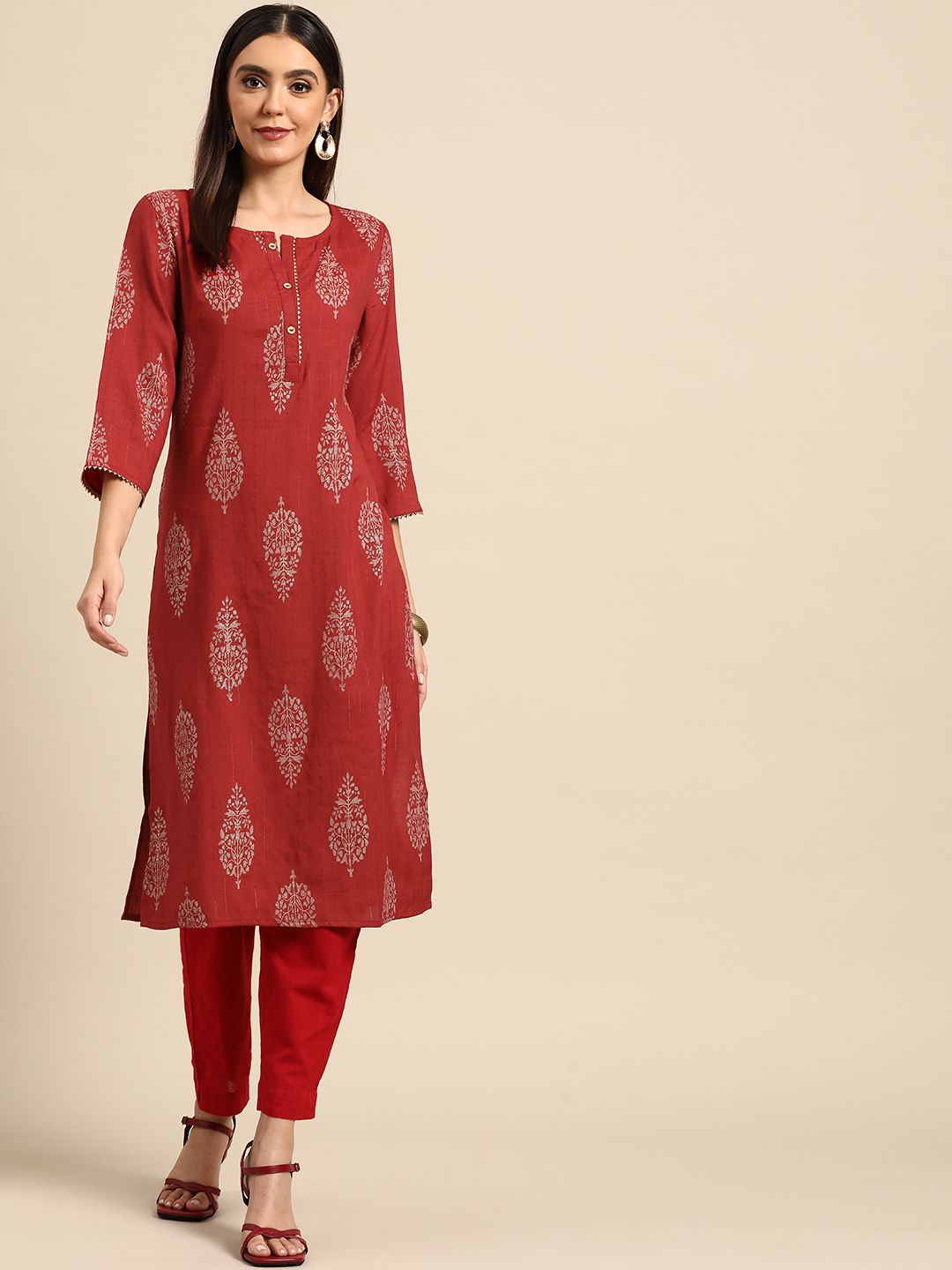 Anouk Women Red Ethnic Motifs Printed Gotta Patti Kurta Price in India