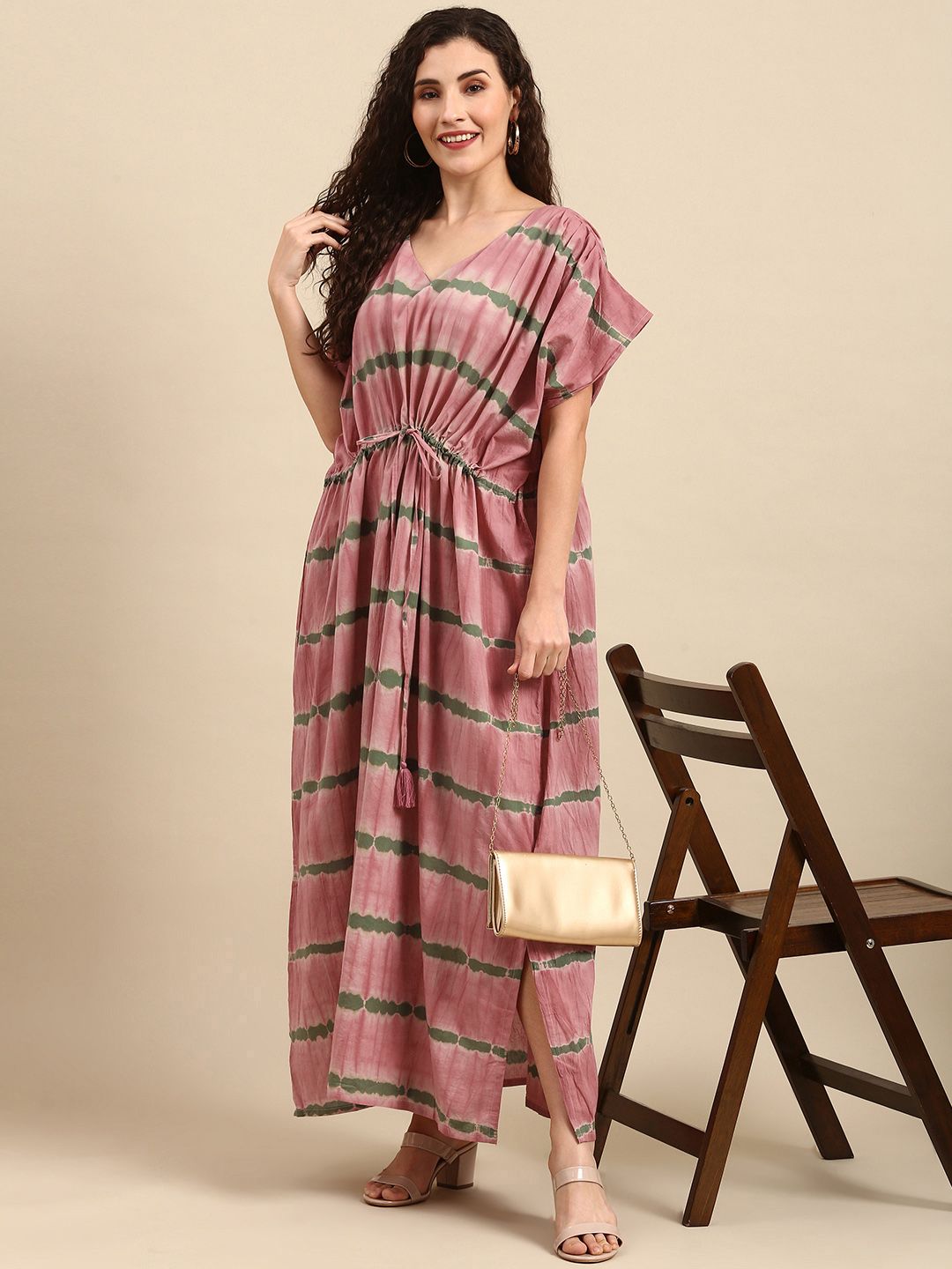 Janasya Pink & Green Dyed Kaftan Maxi Dress Price in India