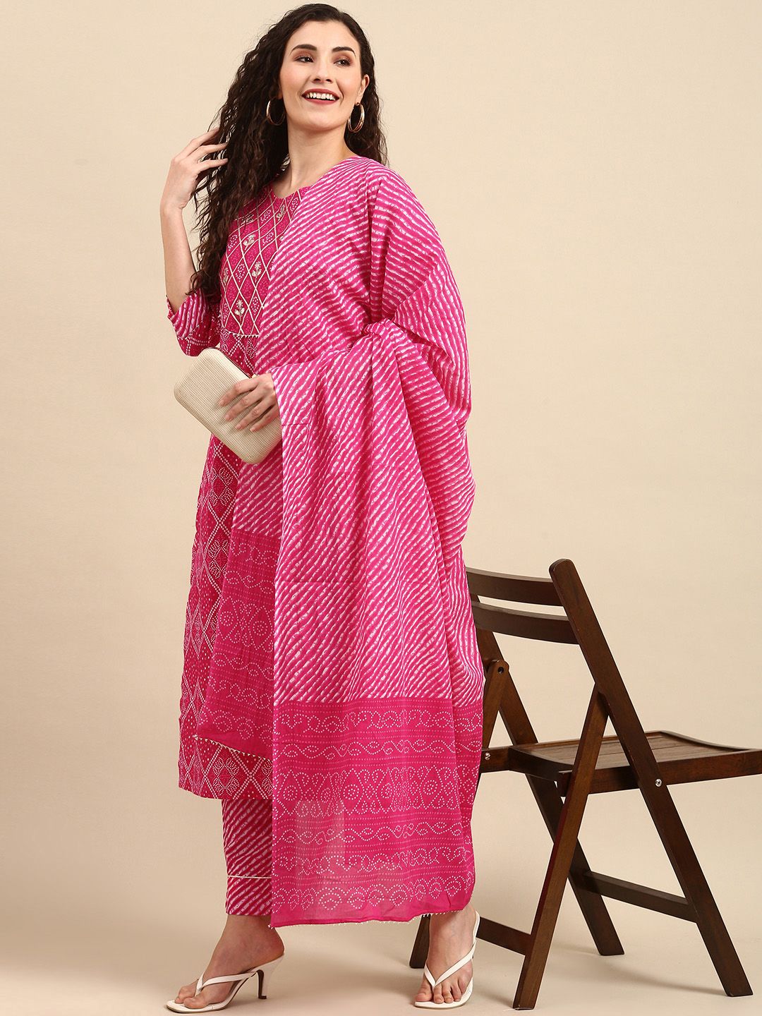 Janasya Women Pink Pure Cotton Bandhani Gotta Patti Kurta Set With Dupatta Price in India