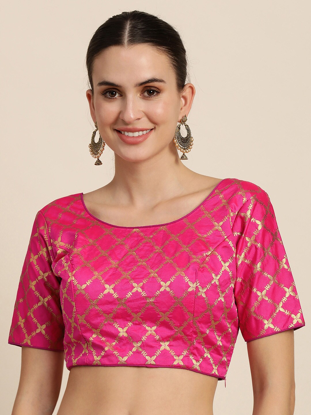 Mimosa Women Magenta & Golden Woven Design Readymade Saree Blouse Price in India