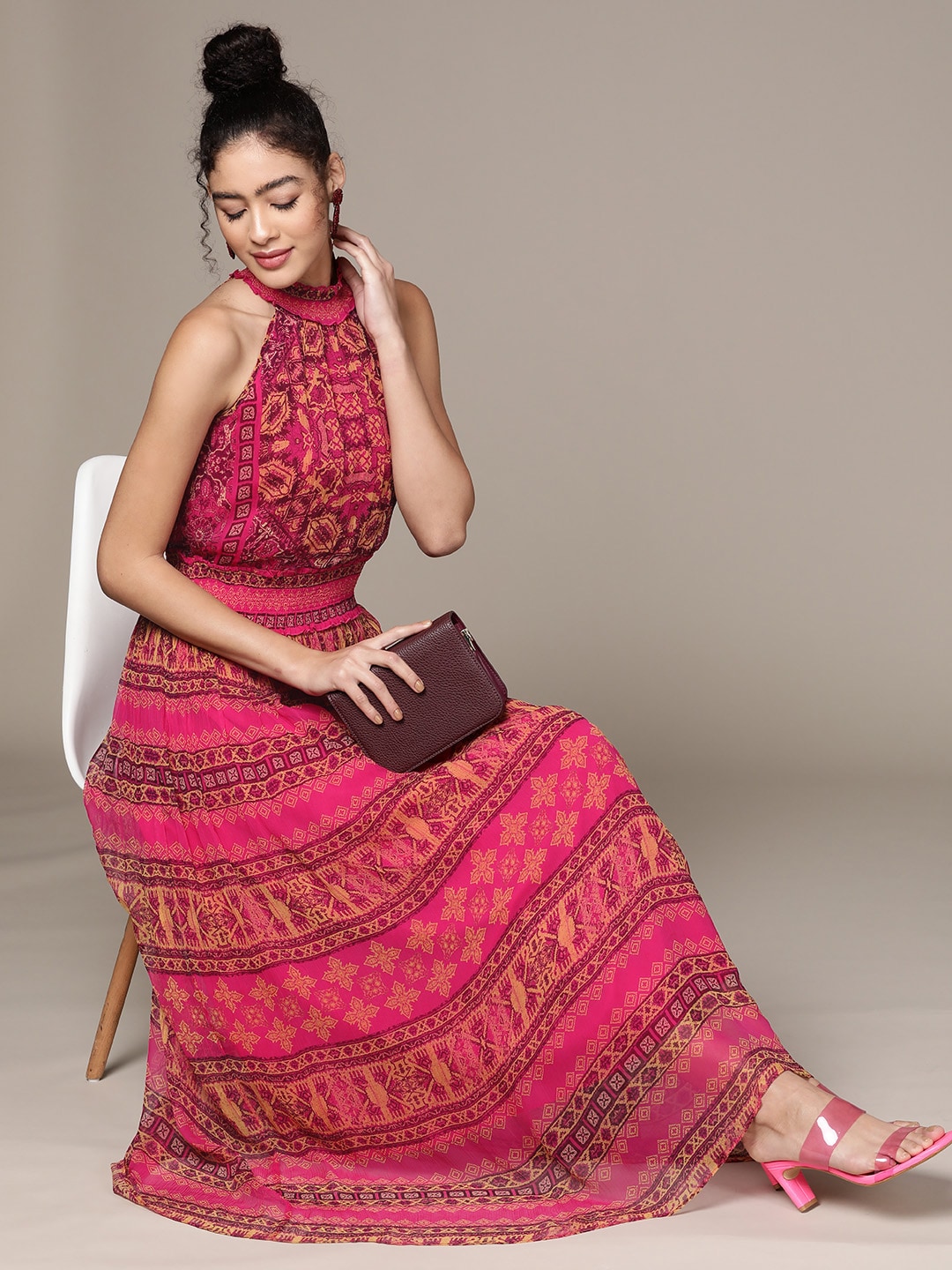 Label Ritu Kumar Women Fuchsia Striped Halter Neck Chiffon Ethnic A-Line Maxi Dress Price in India