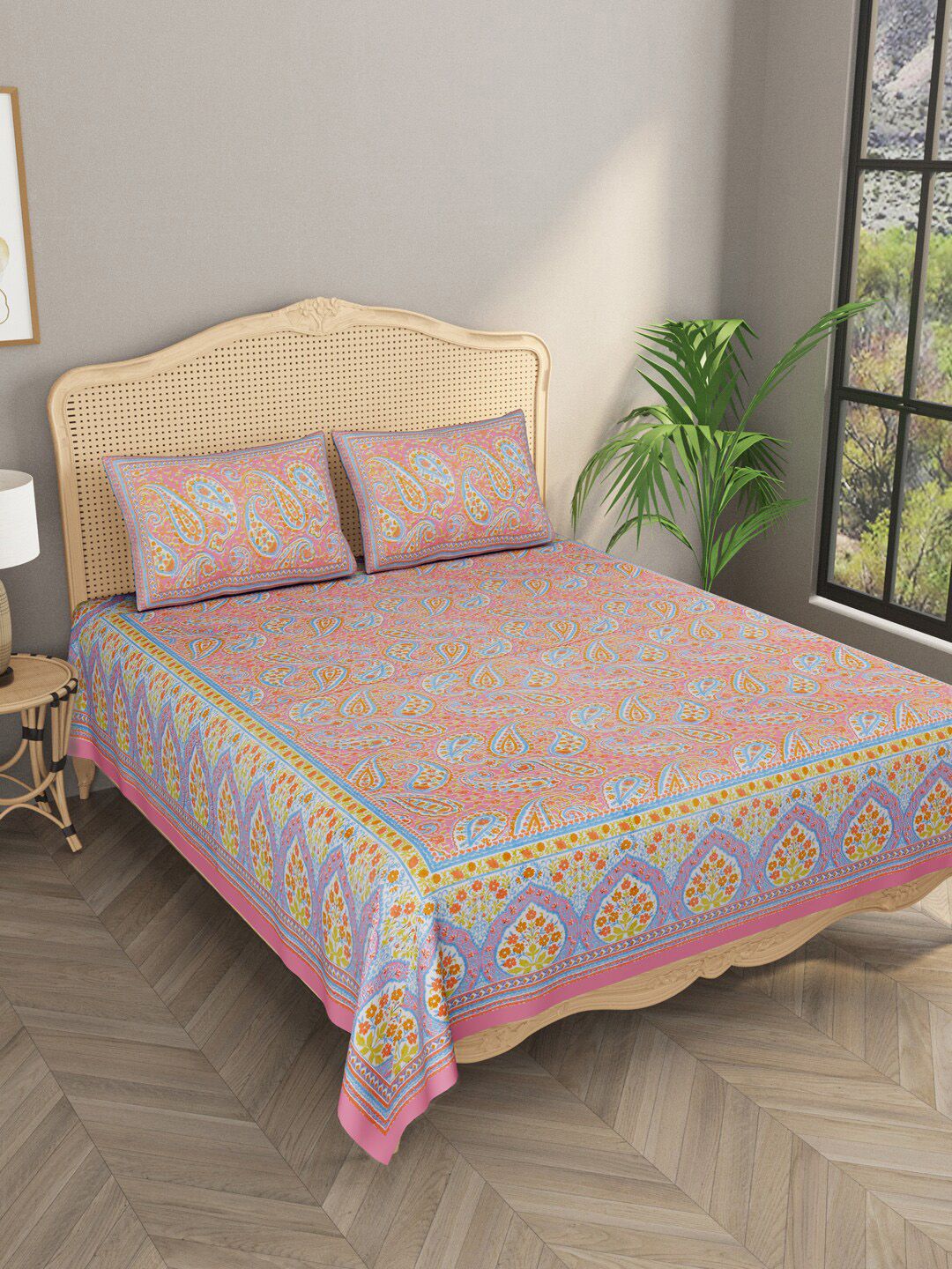 Gulaab Jaipur Orange & Blue Ethnic Motifs 600 TC King Bedsheet with 2 Pillow Covers Price in India