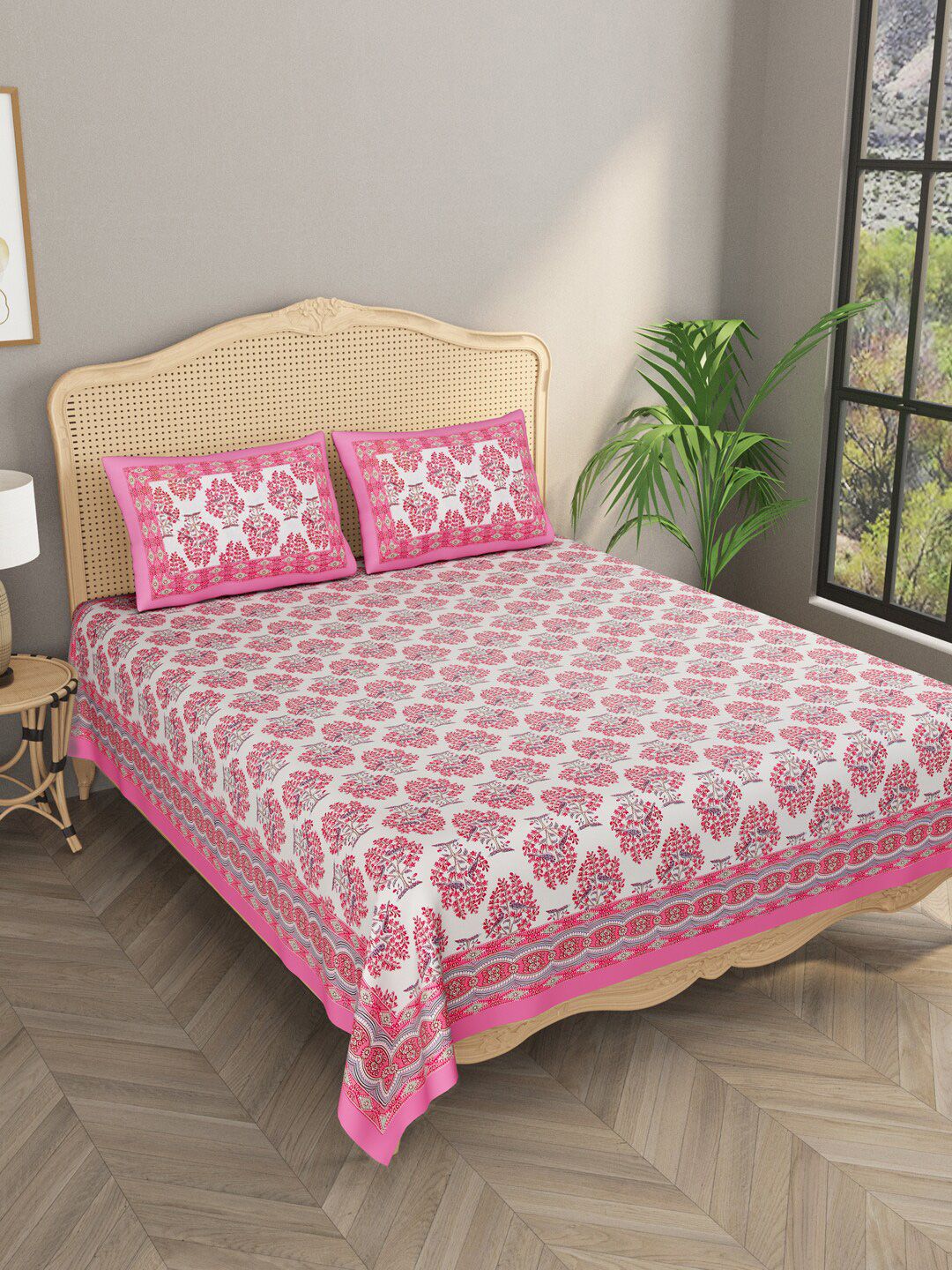 Gulaab Jaipur Pink & White Floral 400 TC King Bedsheet with 2 Pillow Covers Price in India