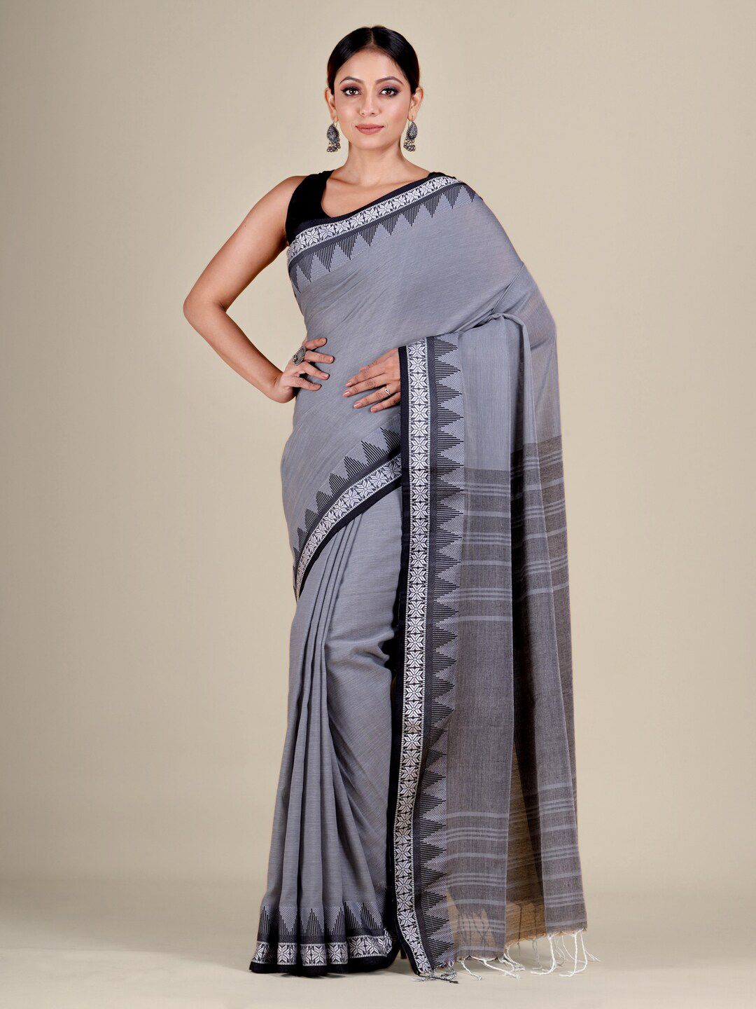 Mitera Grey & Black Pure Cotton Saree Price in India