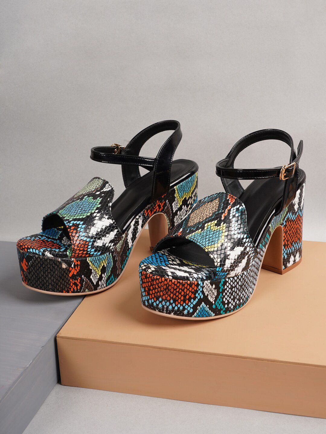 Rubeezz Black Animal Print Party Platform Sandals Price in India