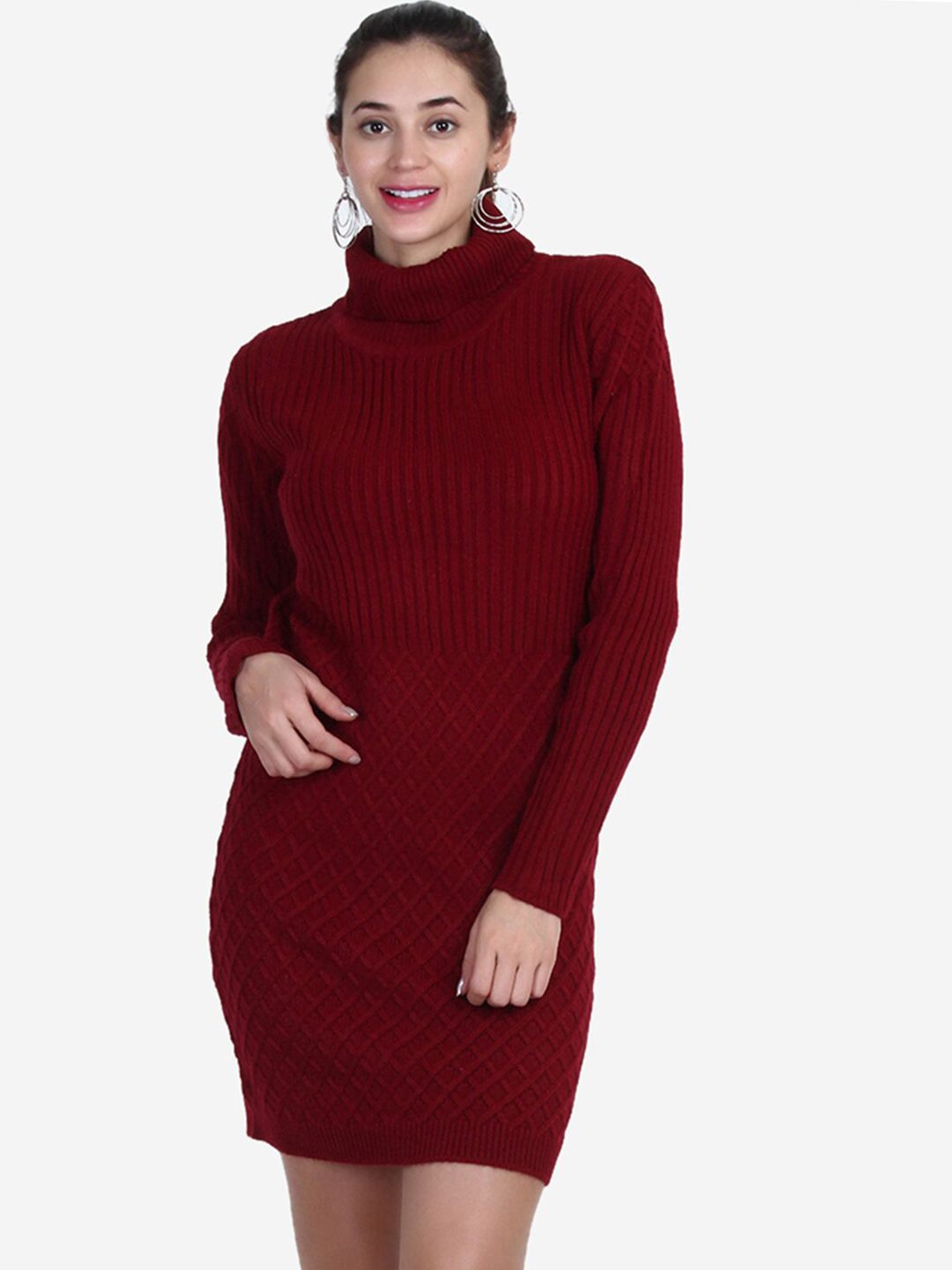 JoE Hazel Women Maroon Self Design Sweater Dress Price in India