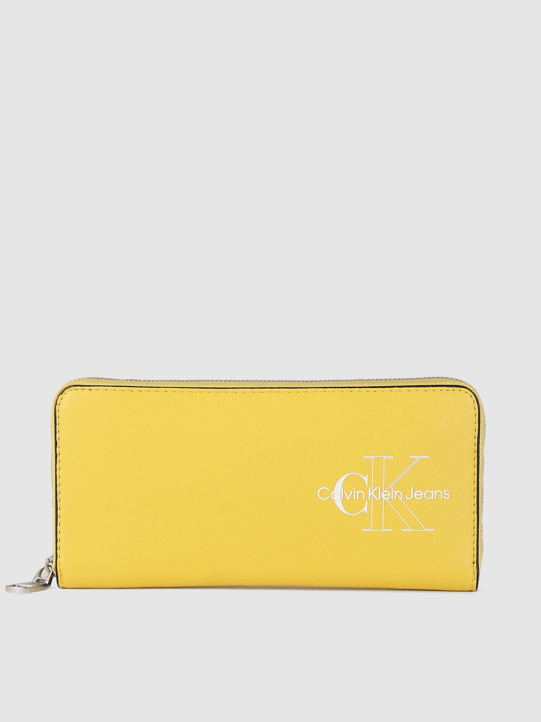 Calvin Klein Women Yellow Typography Printed PU Zip Around Wallet Price in India