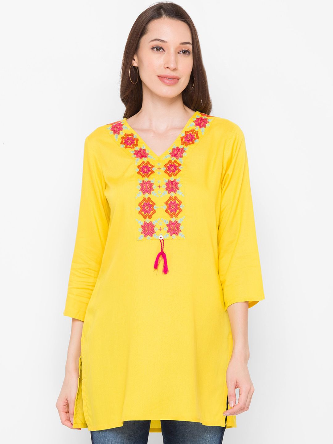 Globus Women Yellow Ethnic Motifs Yoke Design Kurta Price in India