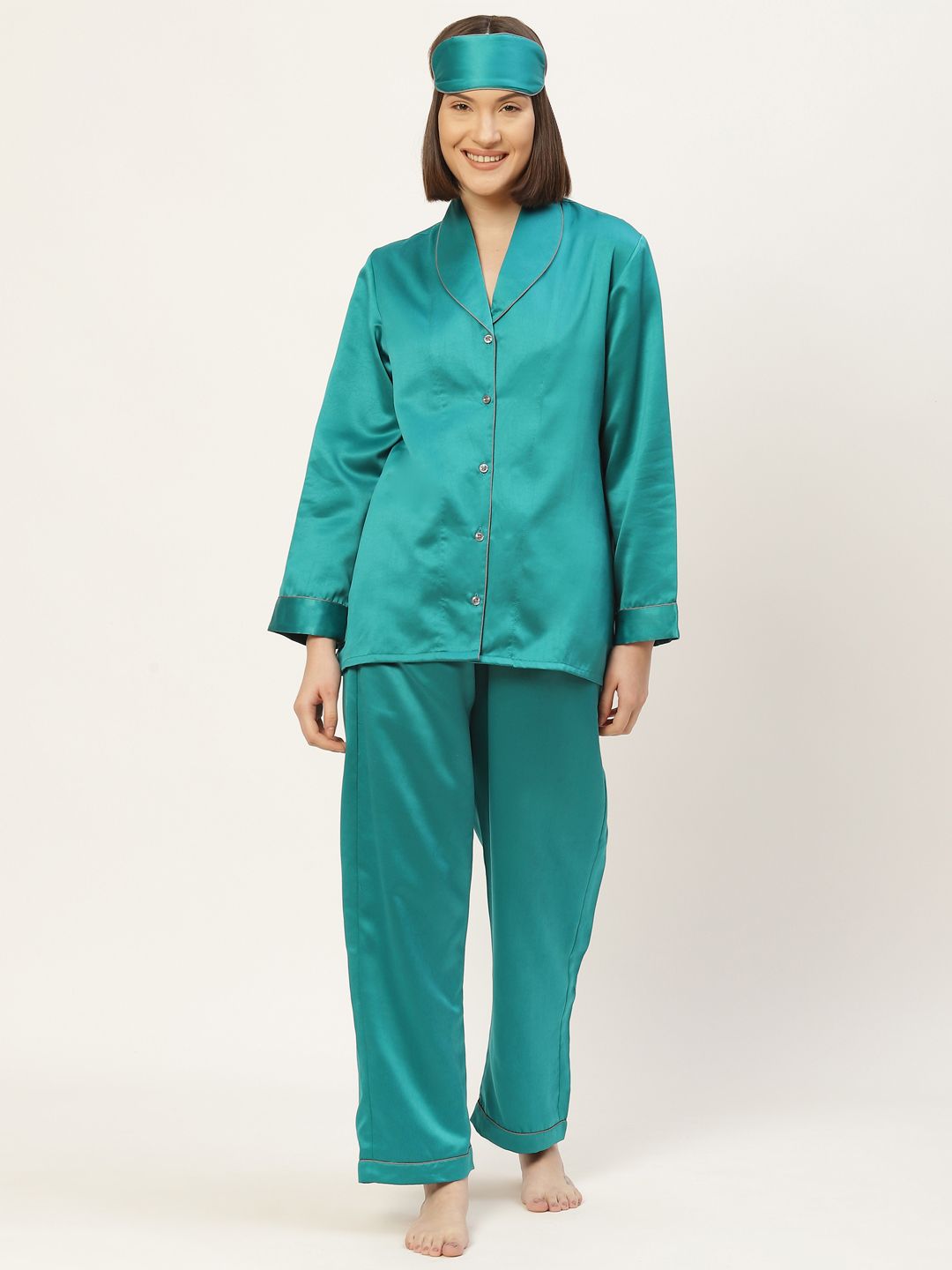 bedgasm Women Teal Blue Satin Night suit with Eye Mask Price in India