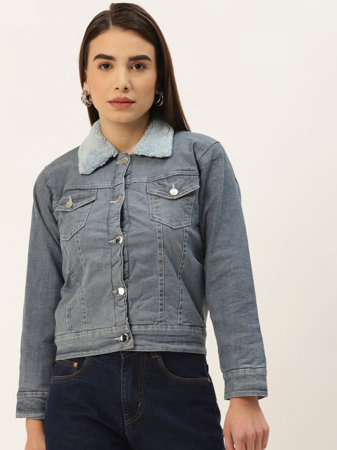 BROOWL Women Grey Insulator Denim Jacket Price in India