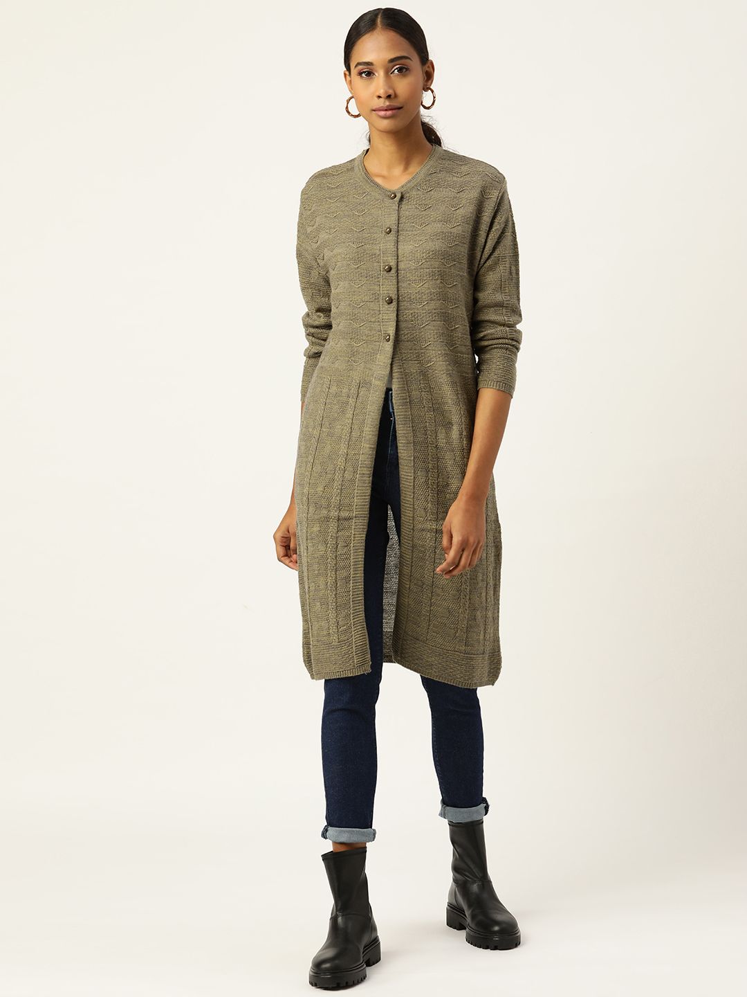 BROOWL Women Olive Green & Grey Self Design Longline Cardigan Price in India