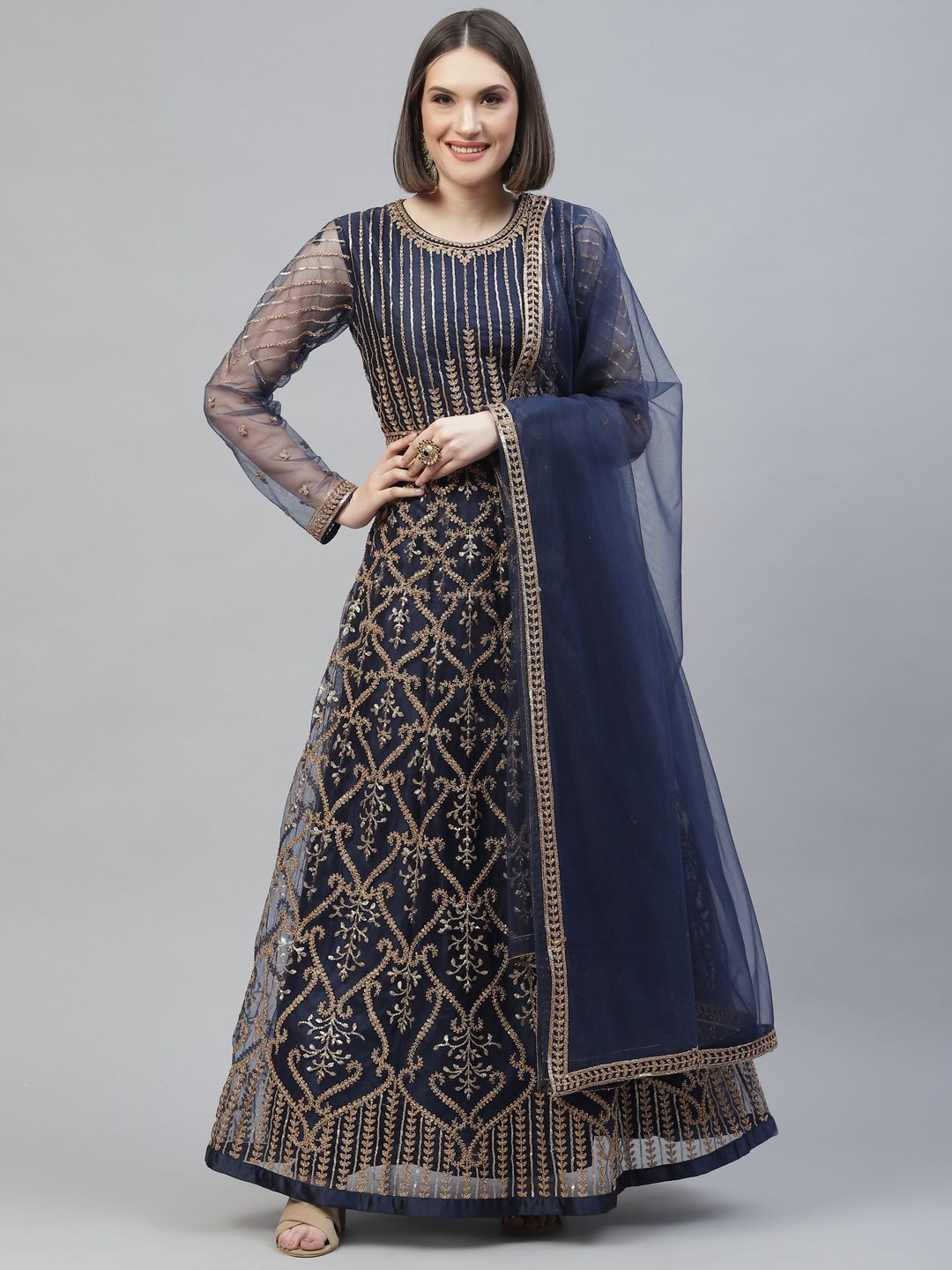 Readiprint Fashions Navy Blue & Gold-Toned Embroidered Semi-Stitched Dress Material Price in India