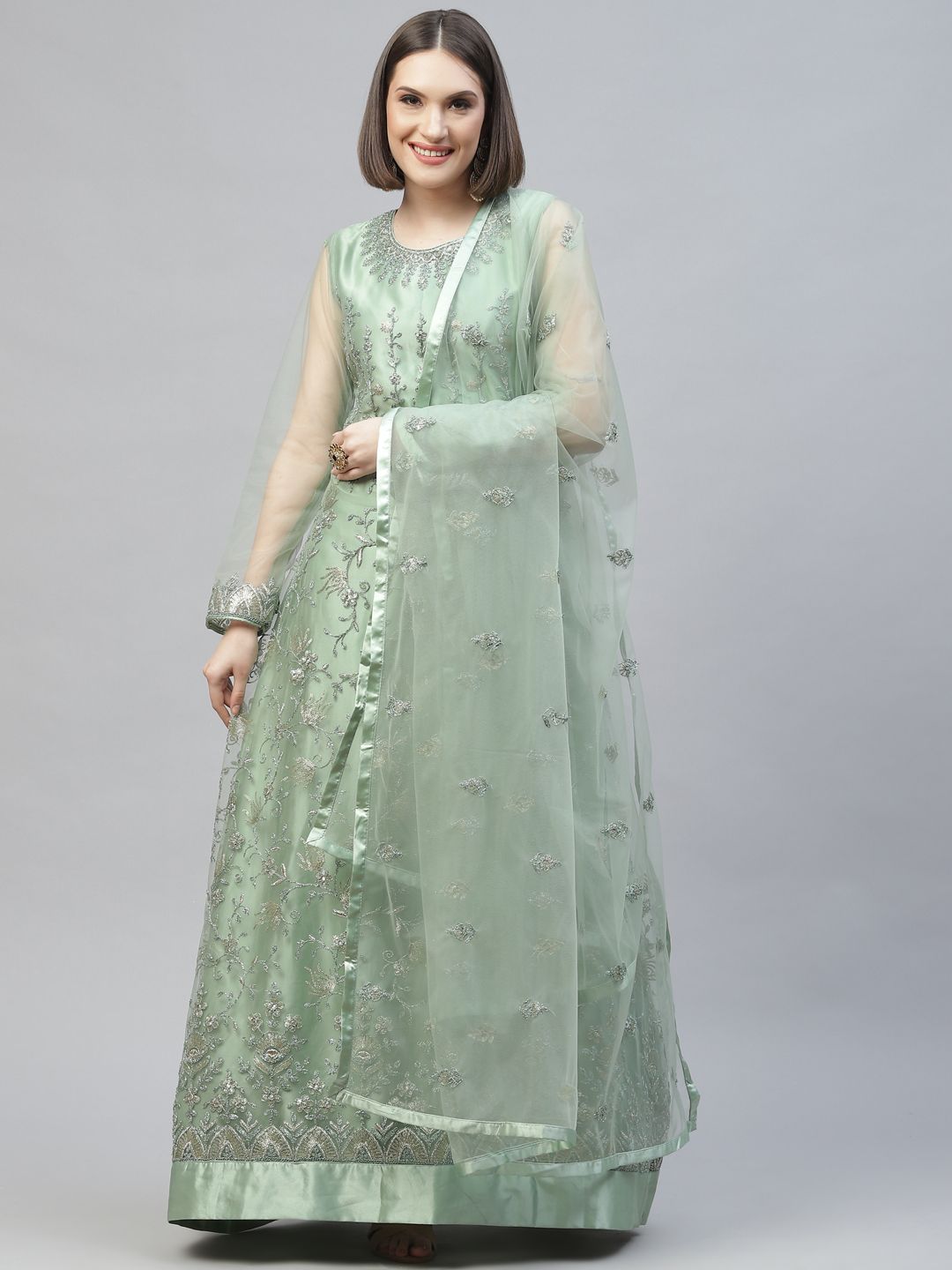 Readiprint Fashions Green & Gold-Toned Embellished Semi-Stitched Dress Material Price in India