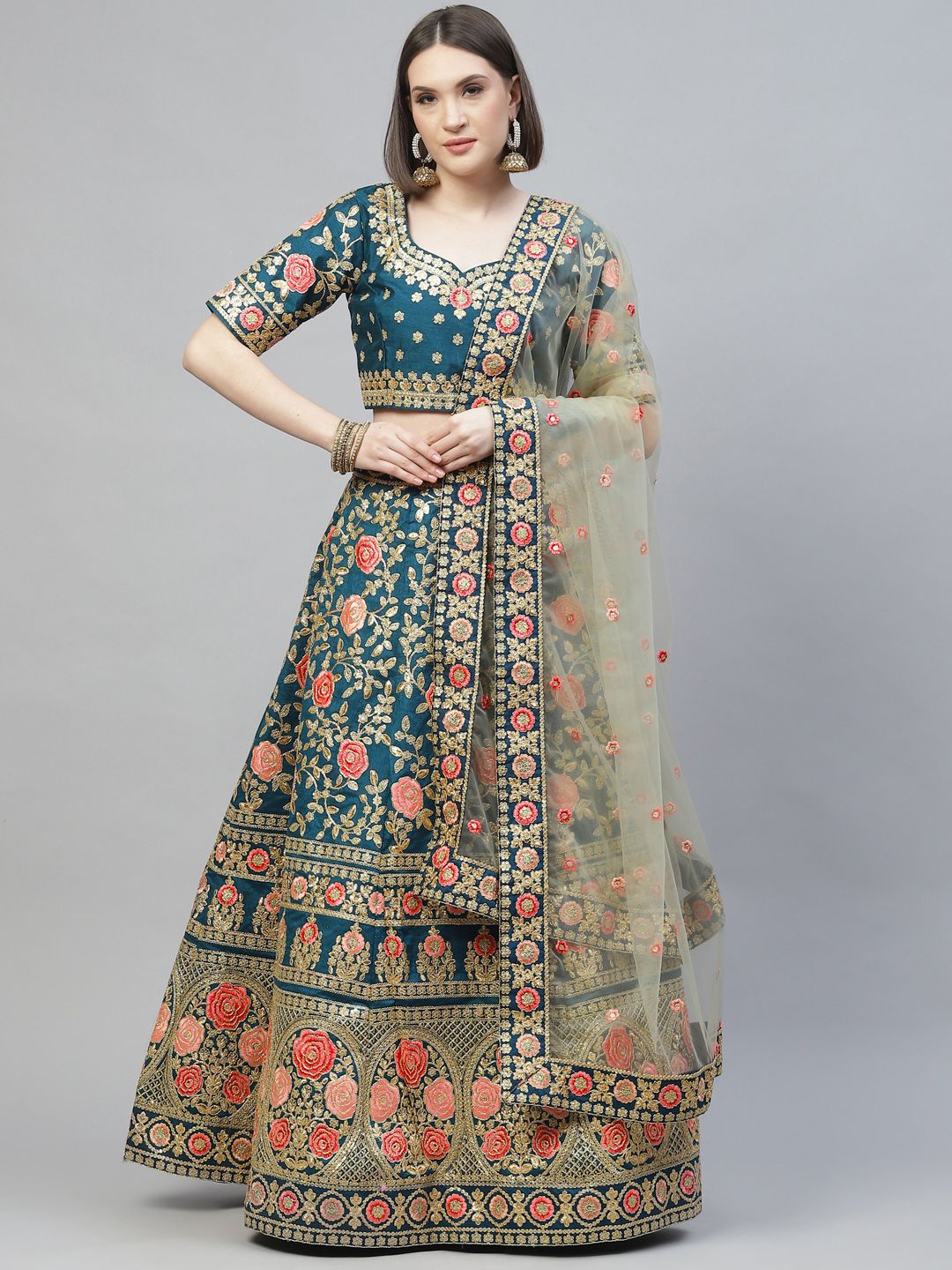 Readiprint Fashions Teal & Pink Embroidered Sequinned Semi-Stitched Lehenga & Unstitched Blouse With Dupatta Price in India