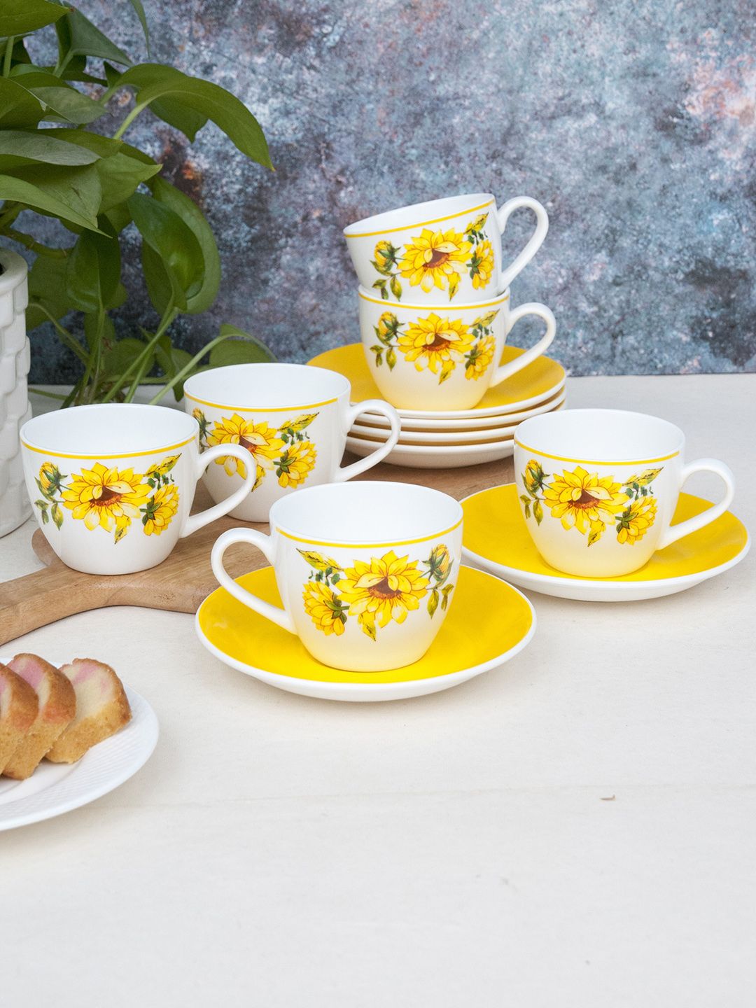 CLAY CRAFT Set Of 12 Yellow & White Floral Printed Ceramic Cups & Saucers Price in India