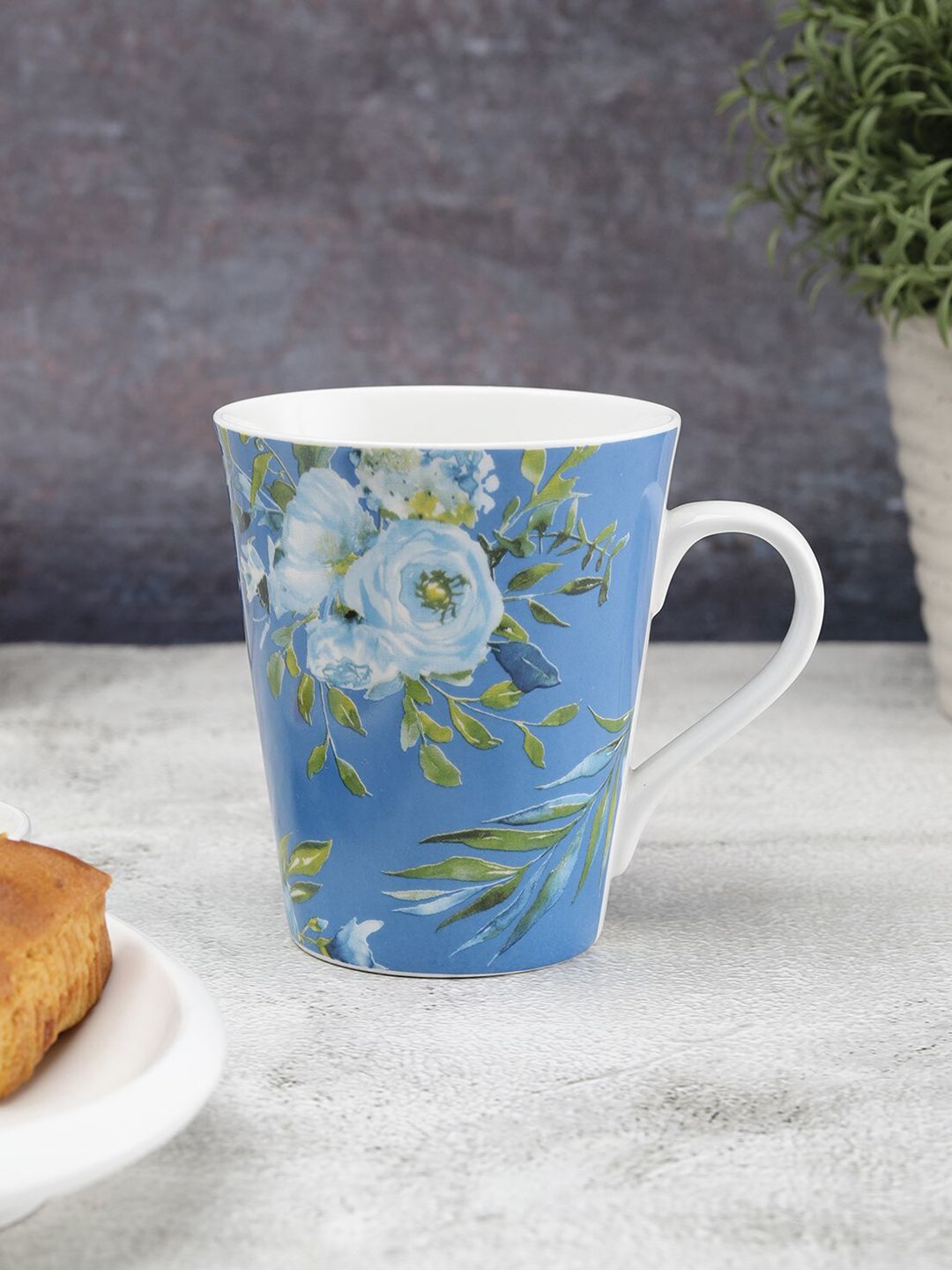 CLAY CRAFT Set Of 2 Blue & White Floral Printed Ceramic Glossy Mugs Price in India