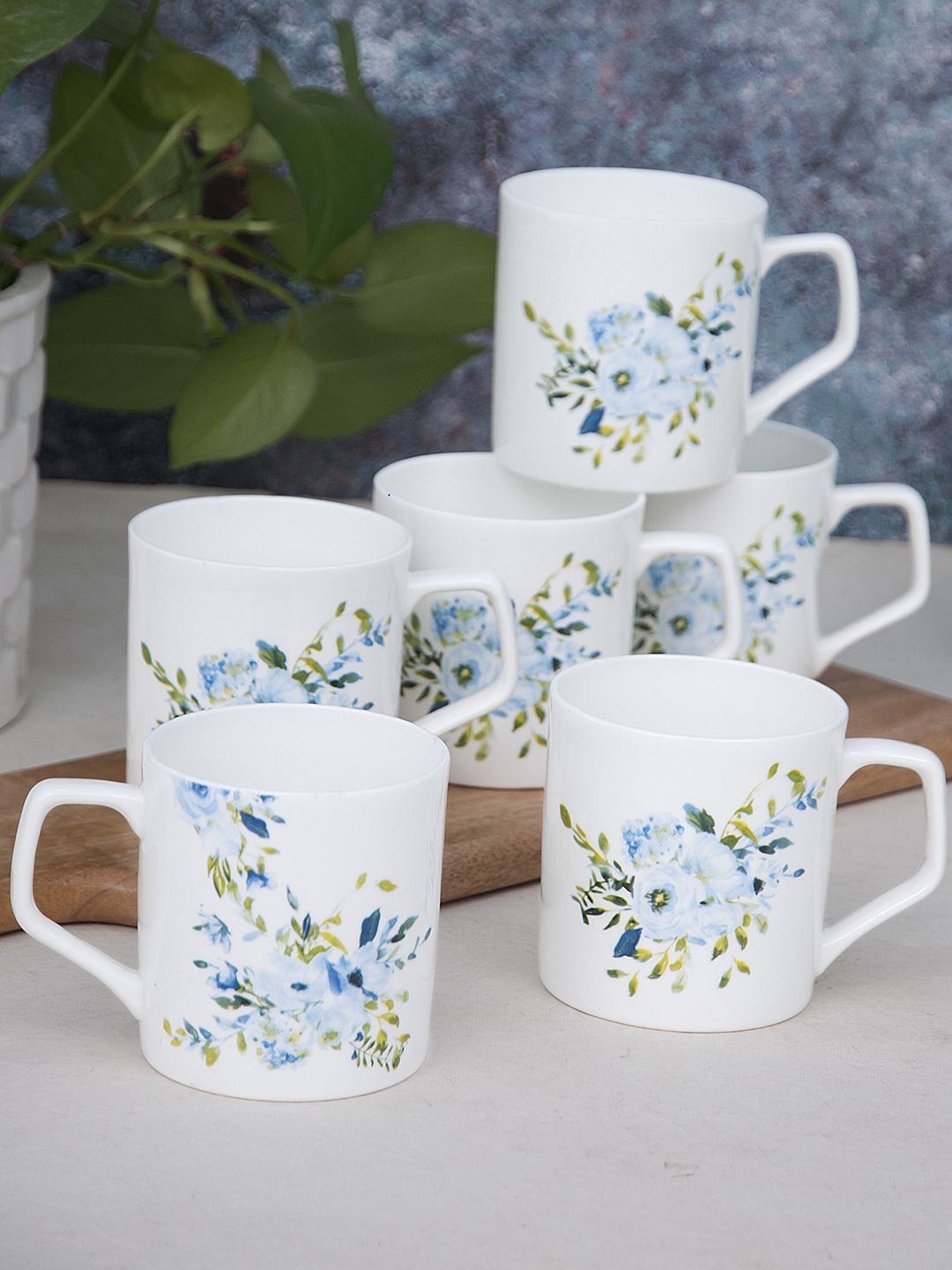 CLAY CRAFT Set of 6 Blue & White Floral Printed Ceramic Glossy Cups Price in India