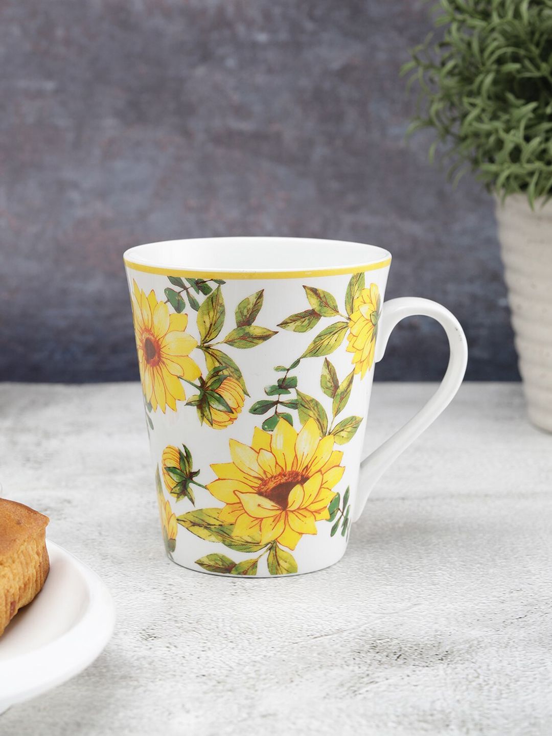 CLAY CRAFT Yellow & Green Set Of 2 Floral Printed Ceramic Glossy Mugs Price in India