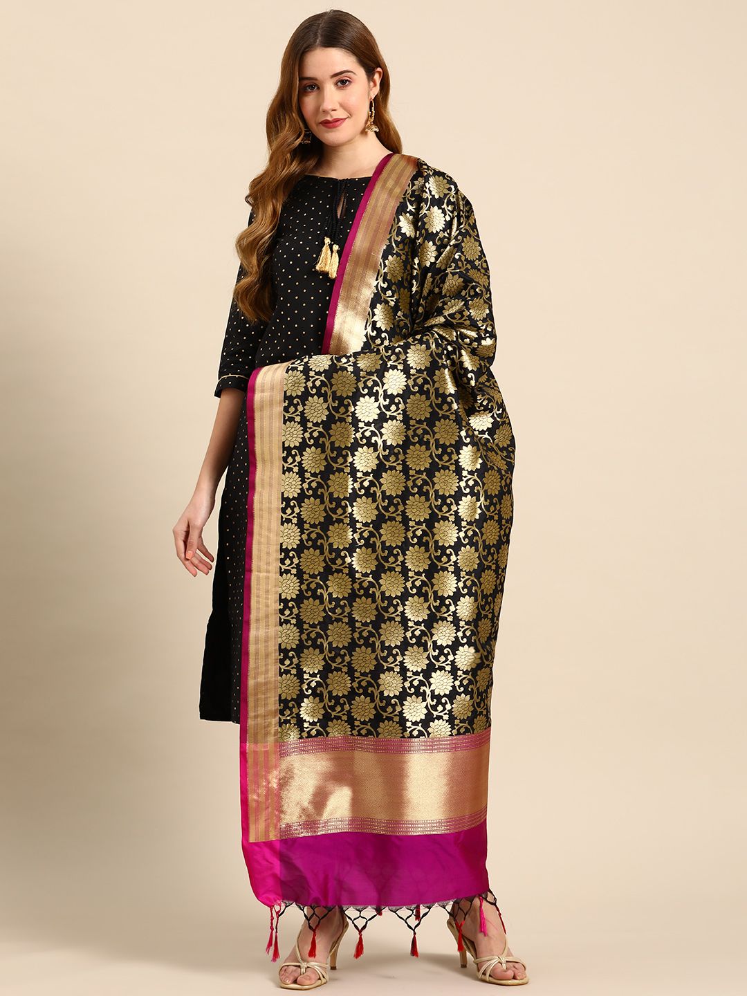 Banarasi Style Black & Gold-Toned Woven Design Dupatta with Zari Price in India
