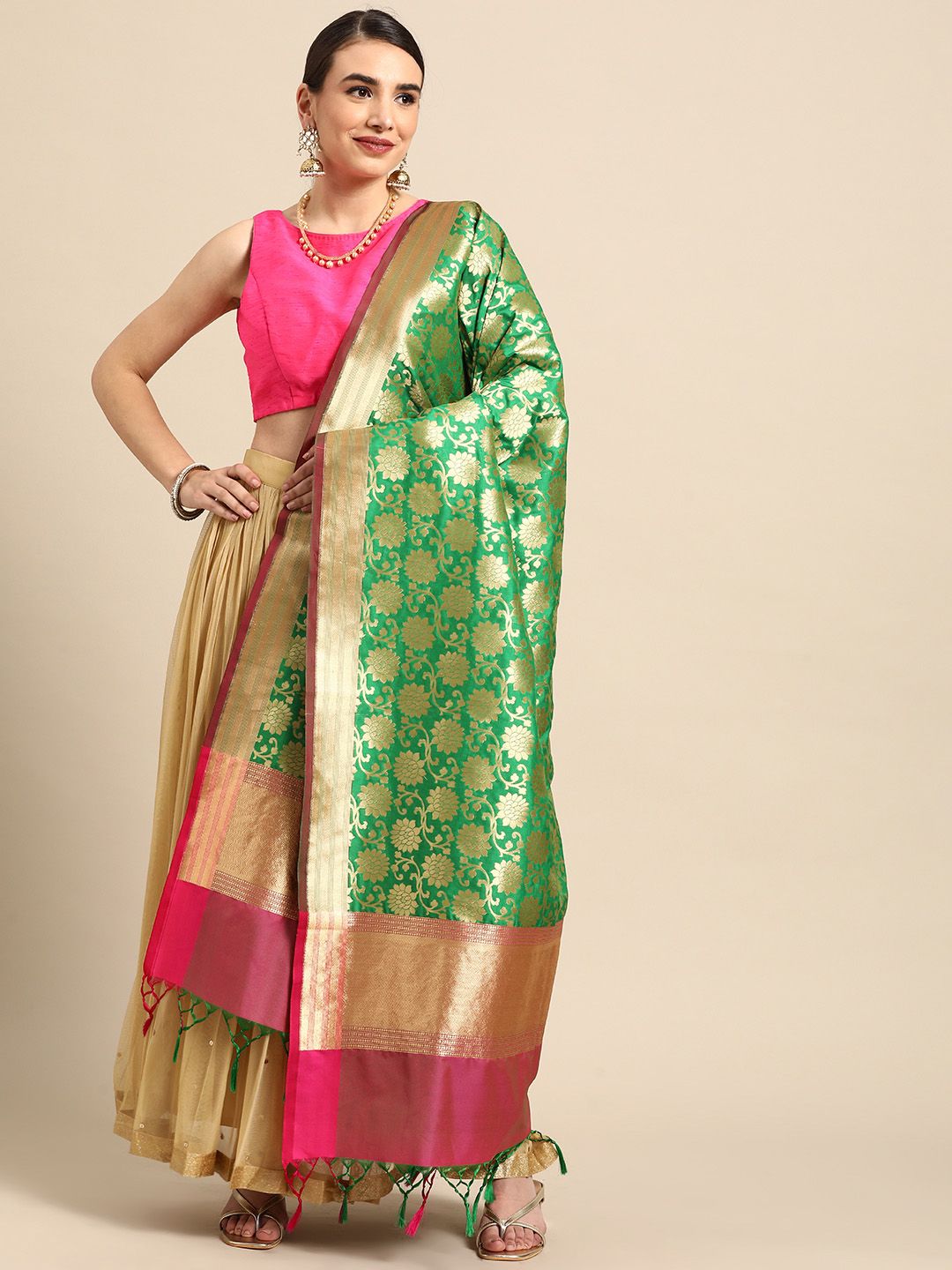 Banarasi Style Green Woven Design Dupatta with Zari Price in India