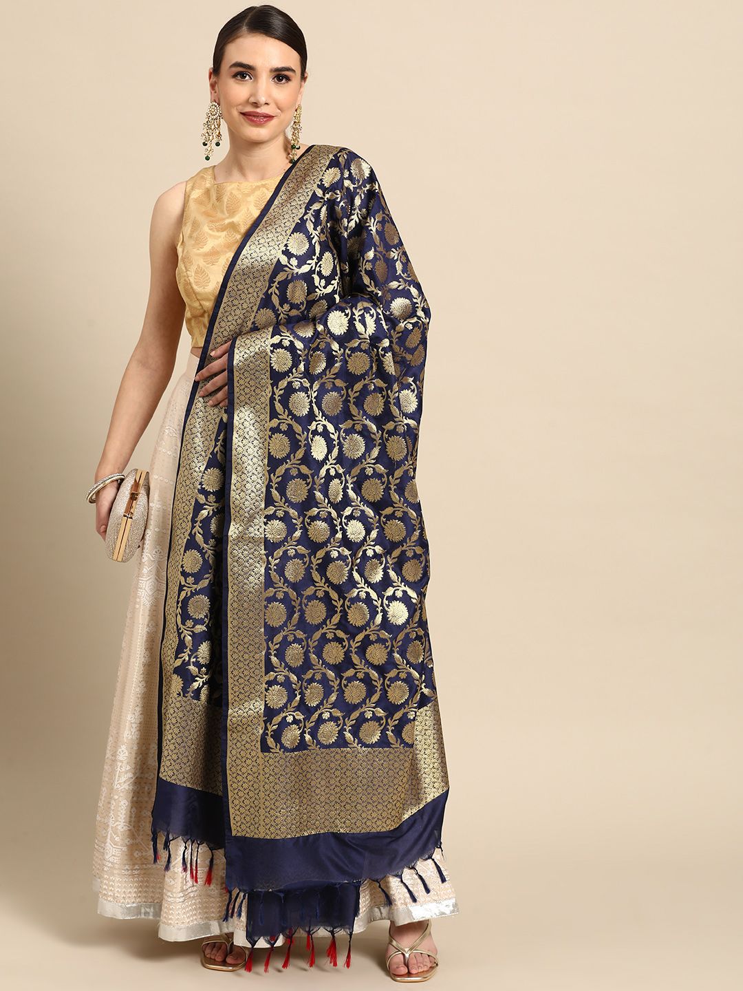 Banarasi Style Navy Blue & Gold-Toned Woven Design Dupatta with Zari Price in India