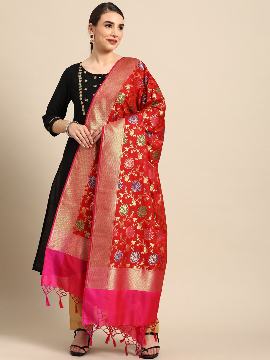 Banarasi Style Red & Gold-Toned Woven Design Dupatta with Zari Price in India