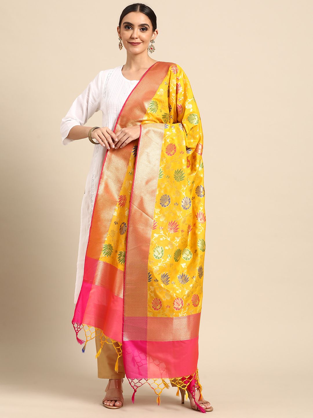 Banarasi Style Yellow Woven Design Dupatta with Zari Price in India
