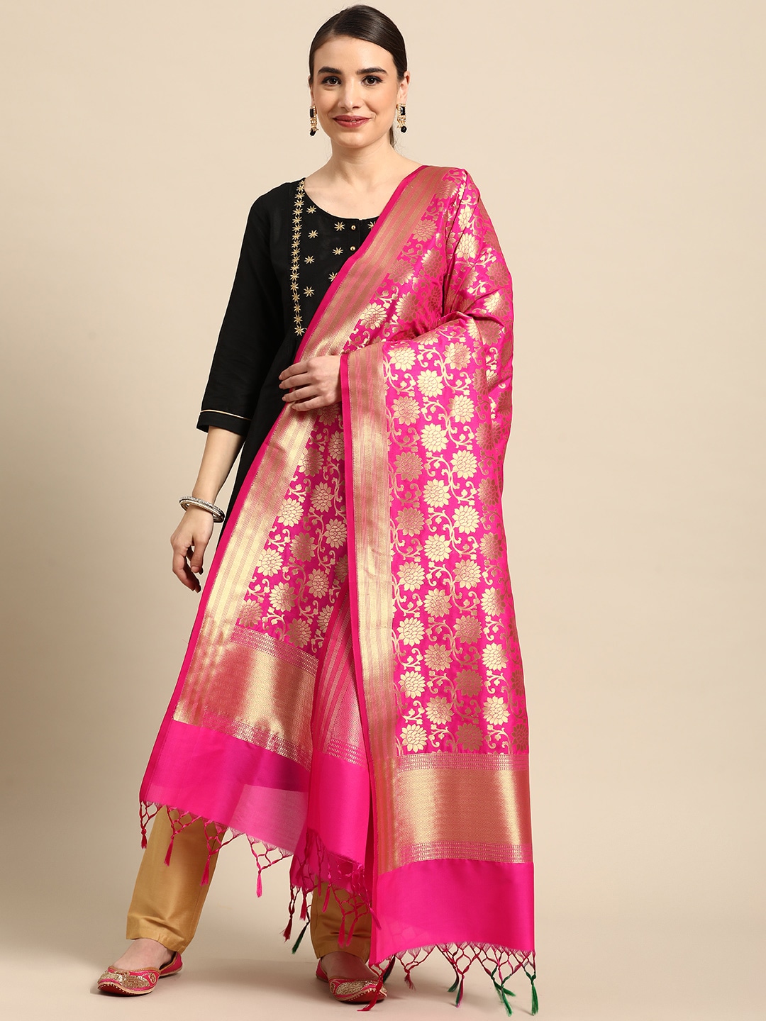 Banarasi Style Pink & Gold-Toned Woven Design Dupatta with Zari Price in India