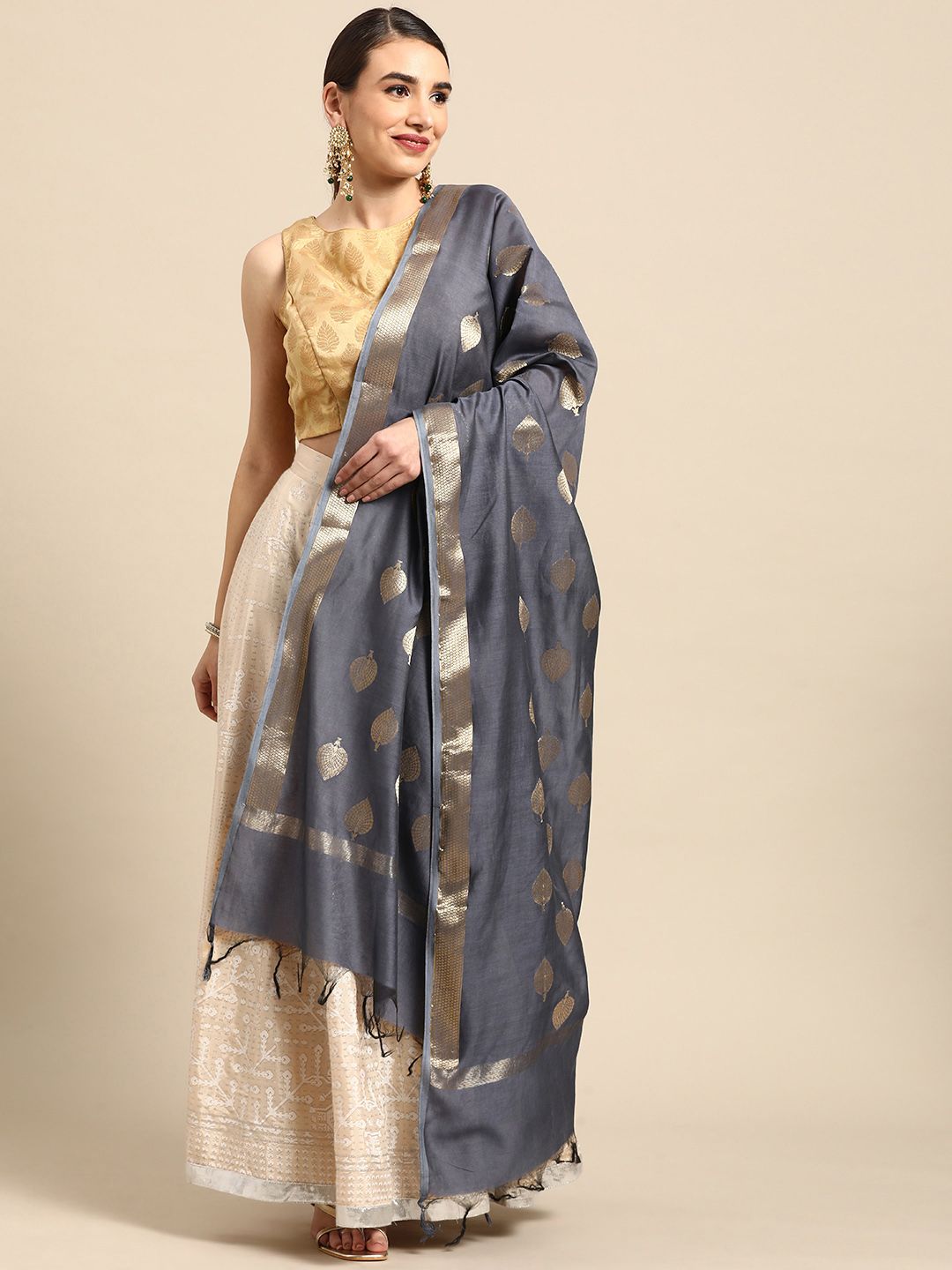 Banarasi Style Grey Ethnic Motifs Woven Design Cotton Silk Dupatta with Zari Price in India