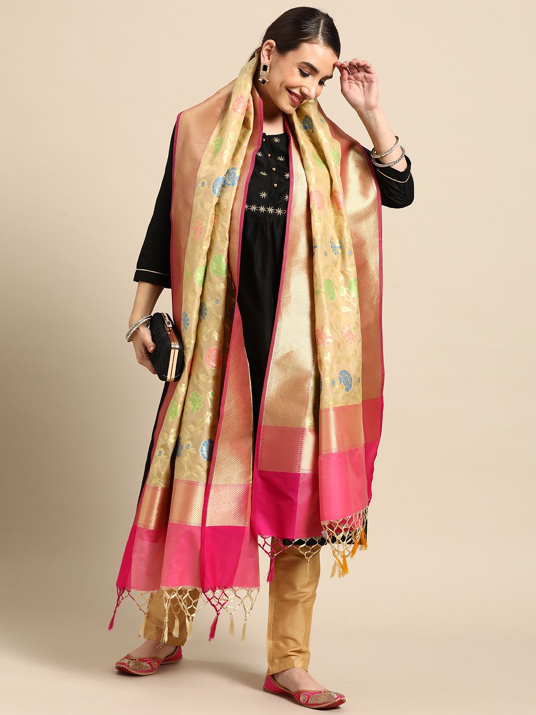 Banarasi Style Beige Woven Design Dupatta with Zari Price in India