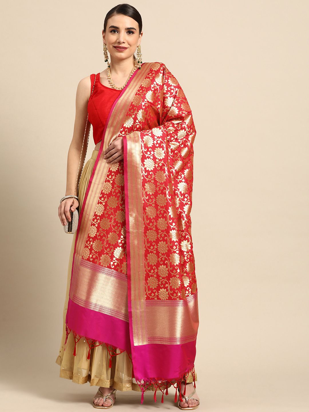 Banarasi Style Red & Gold-Toned Woven Design Dupatta with Zari