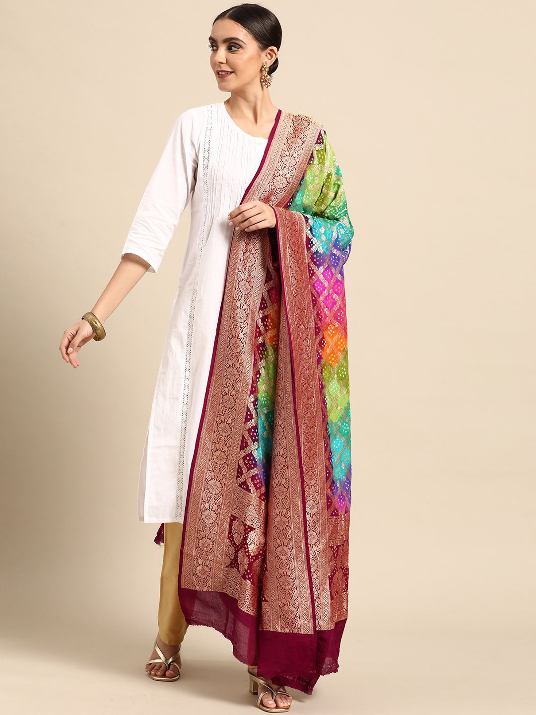 Banarasi Style Multicoloured Woven Design Pure Silk Bandhani Dupatta with Zari Price in India
