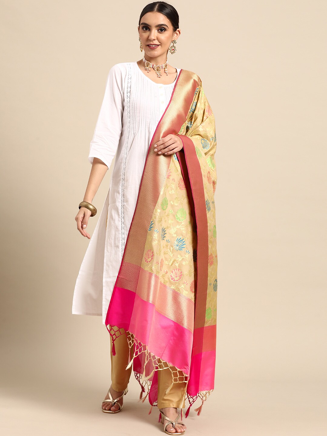 Banarasi Style Beige Woven Design Dupatta with Zari Price in India
