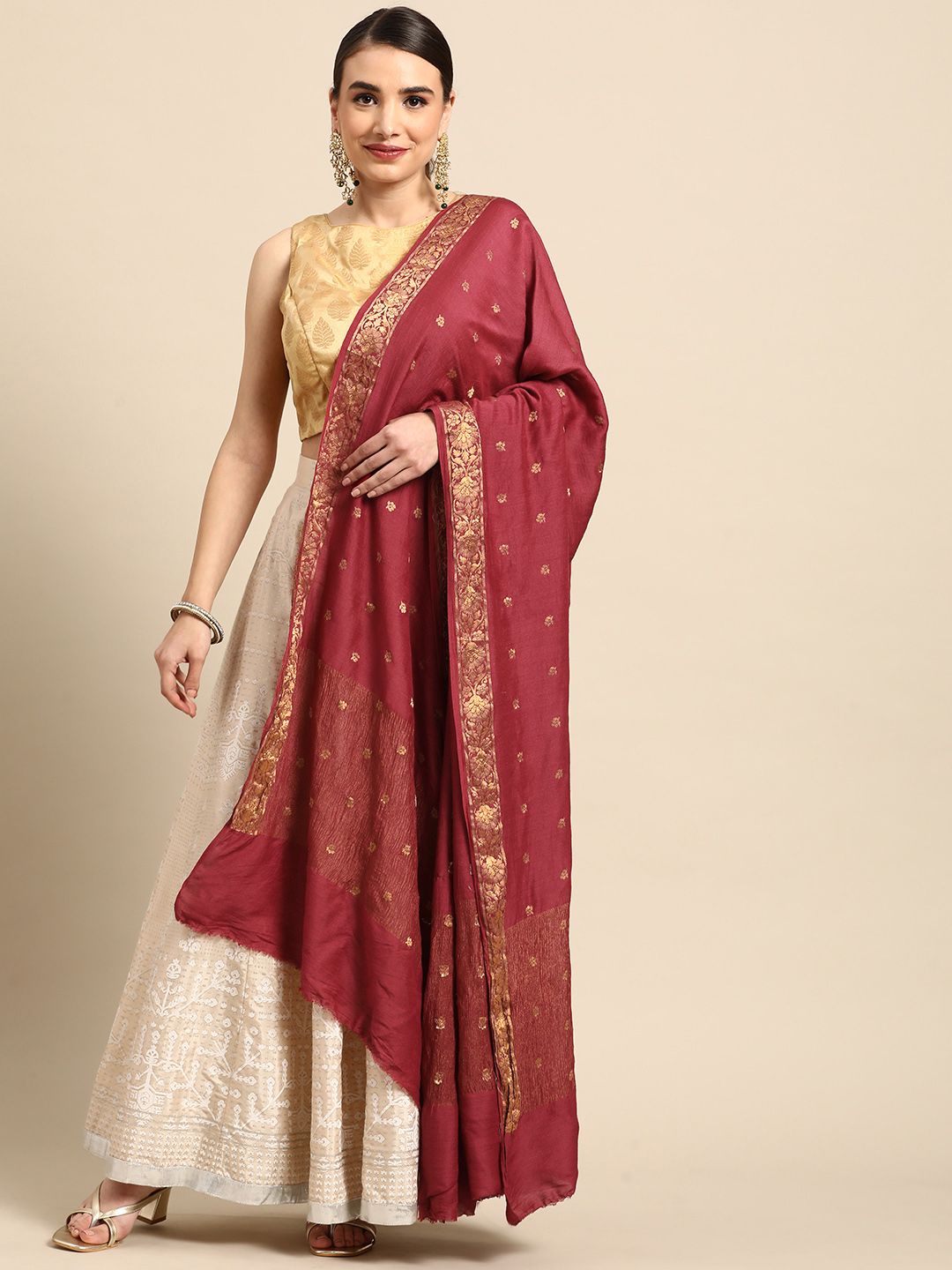 Banarasi Style Maroon Woven Design Pure Silk Dupatta with Zari Price in India