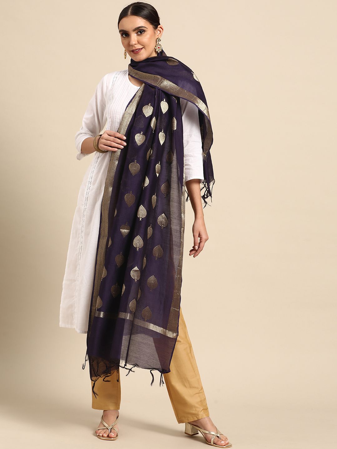 Banarasi Style Navy Blue Ethnic Motifs Woven Design Cotton Silk Dupatta with Zari Price in India