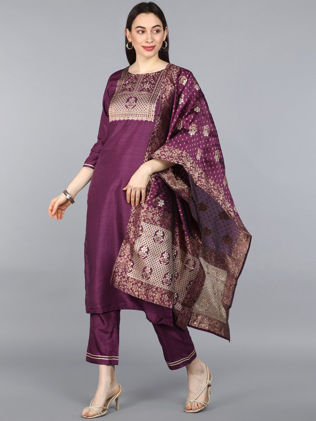 AHIKA Women Purple & Gold-Coloured Yoke Design Kurta with Trousers & Dupatta Price in India