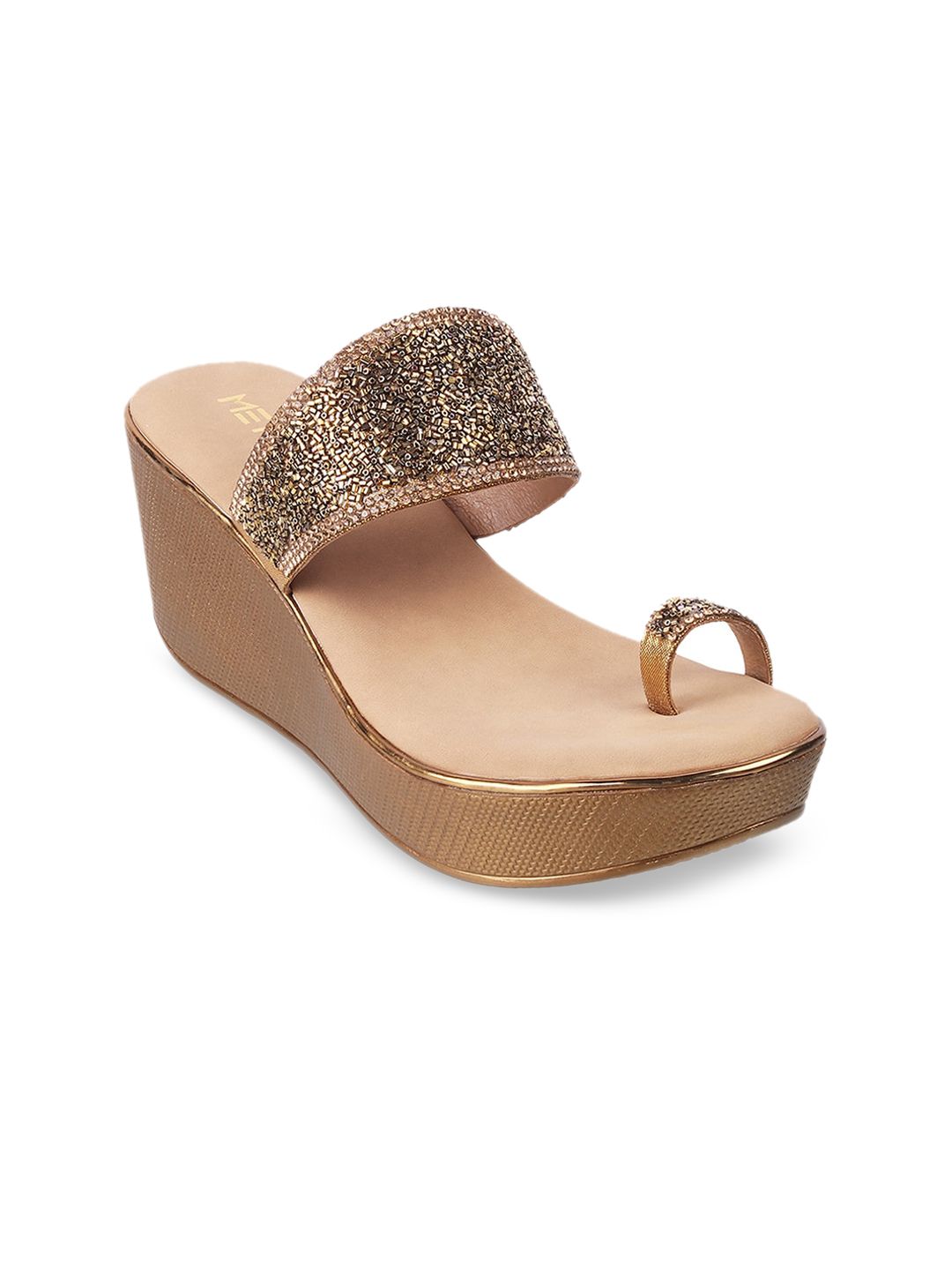 Metro Women Gold-Toned & Black Embellished Wedges Price in India