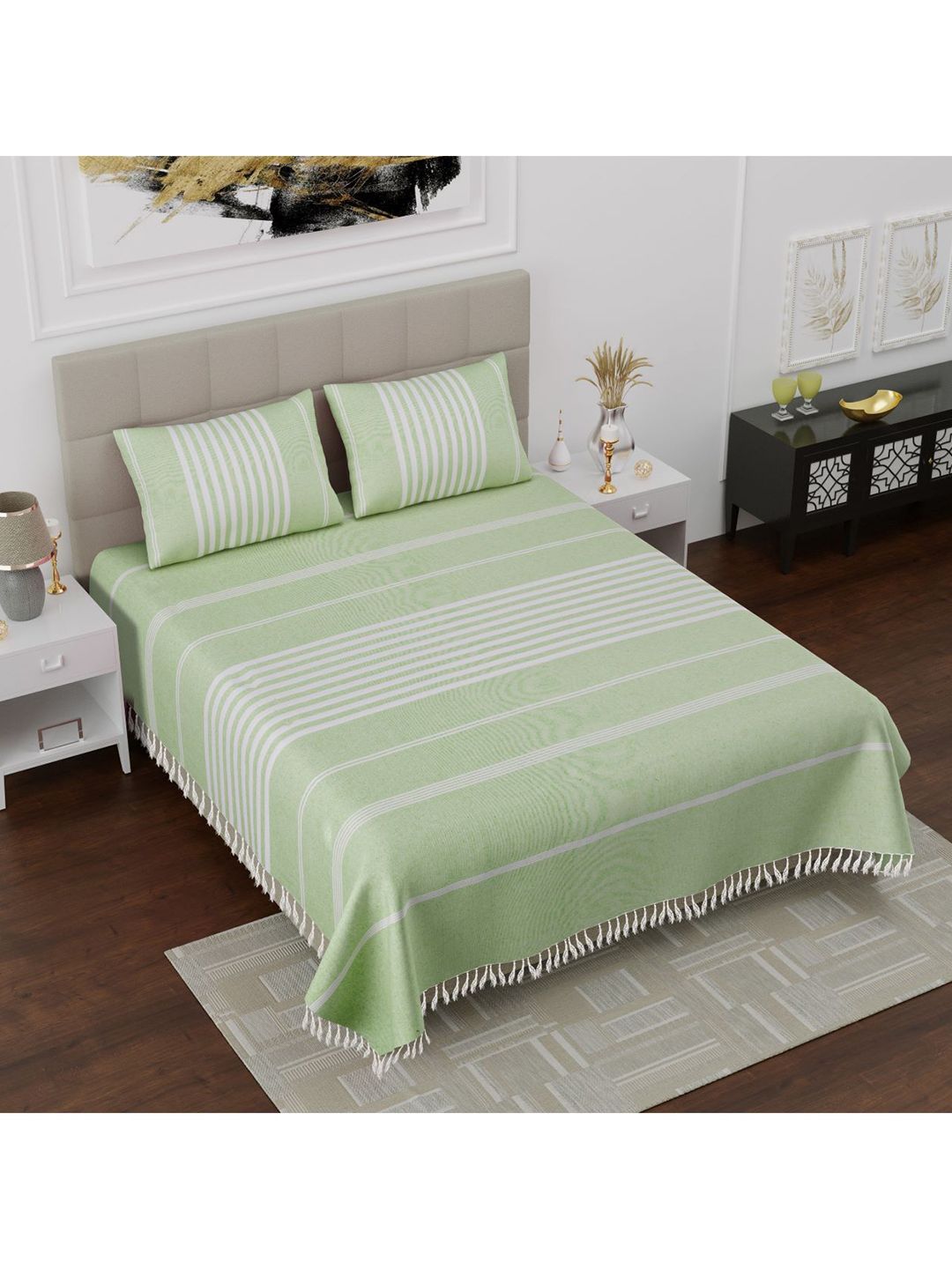 Varde Green & White Striped 180 TC Handloom Cotton King Bedsheet with 2 Pillow Covers Price in India