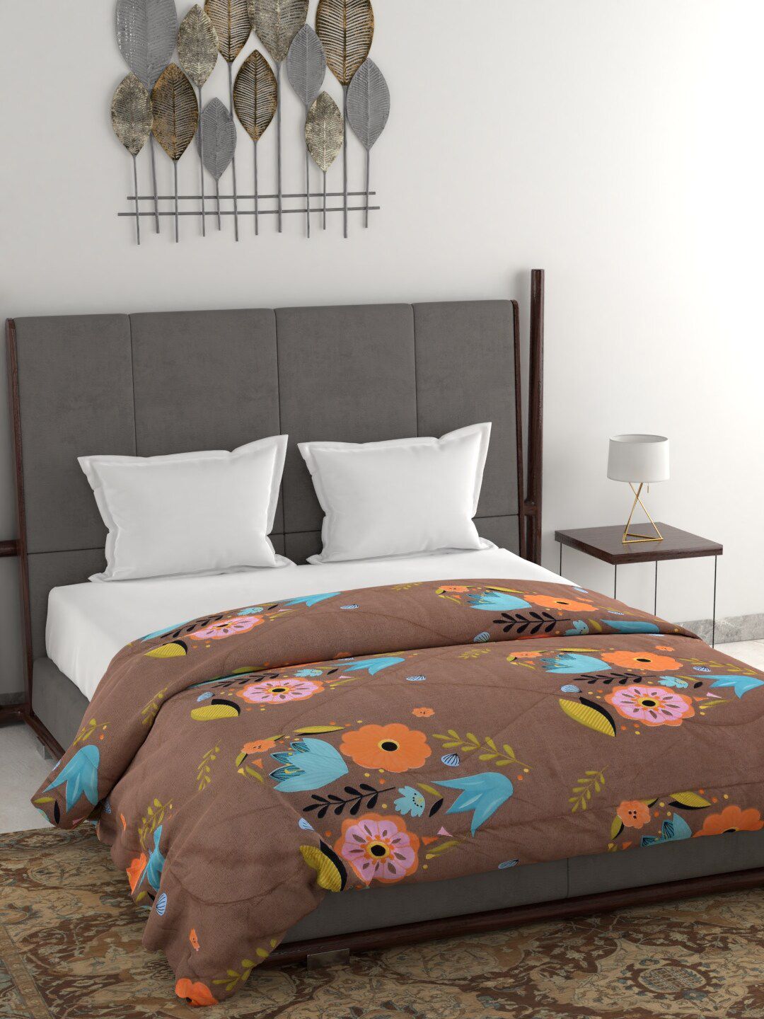 Clasiko Brown & Orange Floral Printed AC Room 120 GSM Double Bed Cotton Quilted Dohar Price in India