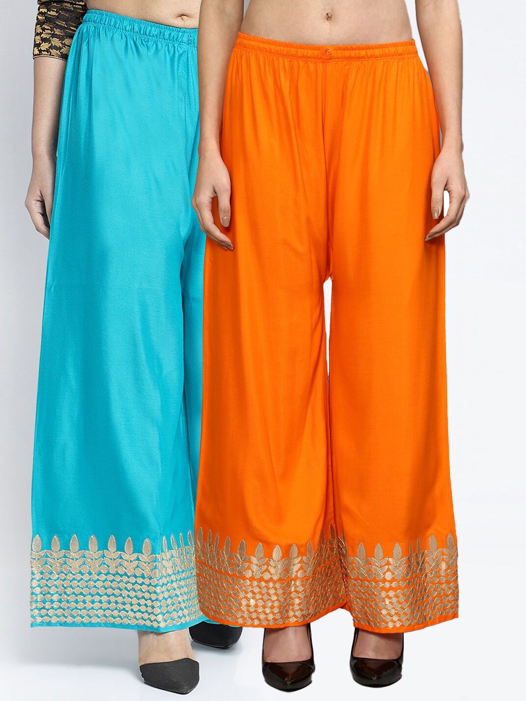 GRACIT Women Orange & Turquoise Blue 2 Ethnic Motifs Printed Flared Palazzos Price in India