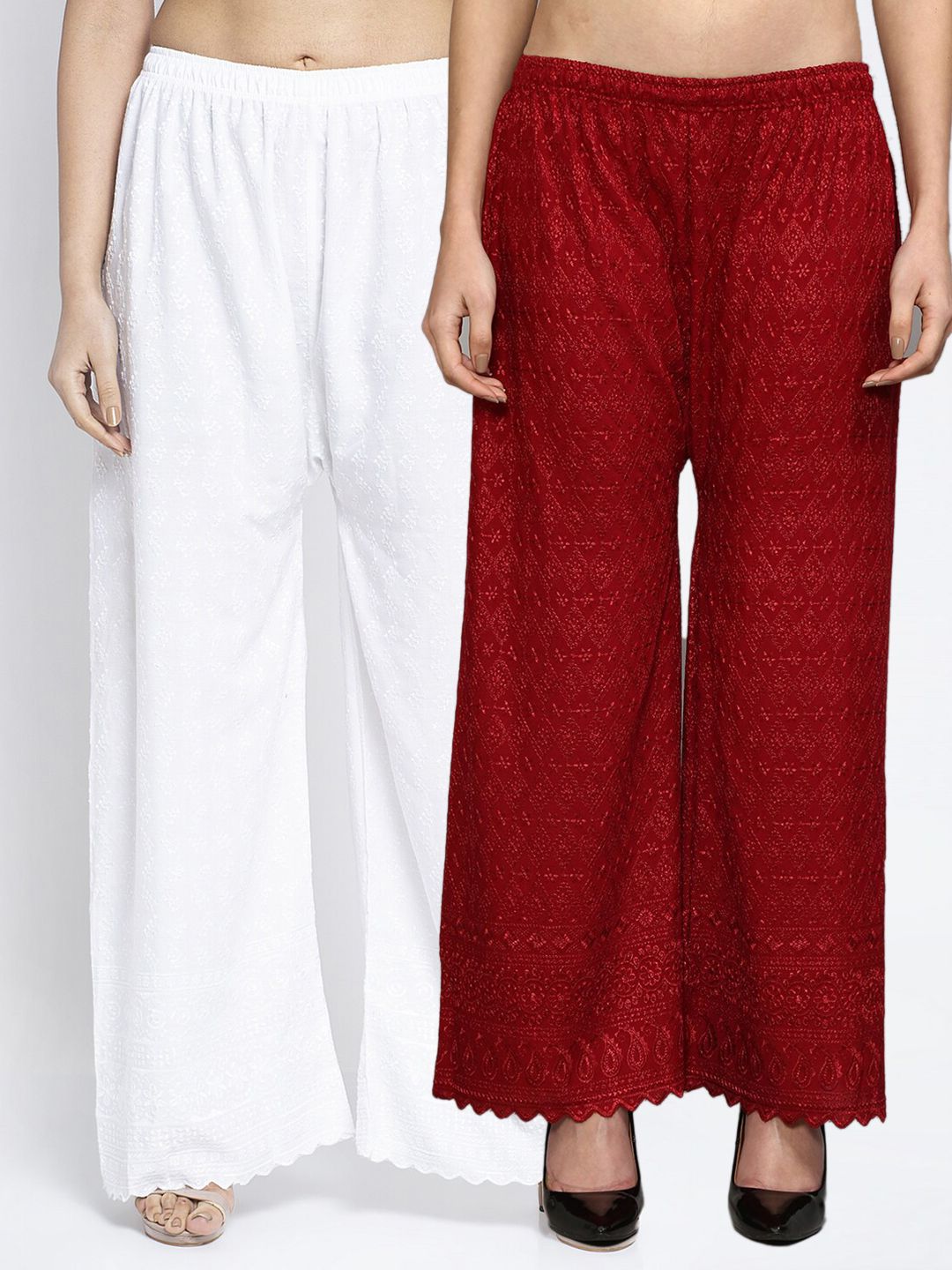 GRACIT Women Pack of 2 White & Maroon Embroidered Flared Ethnic Palazzos Price in India