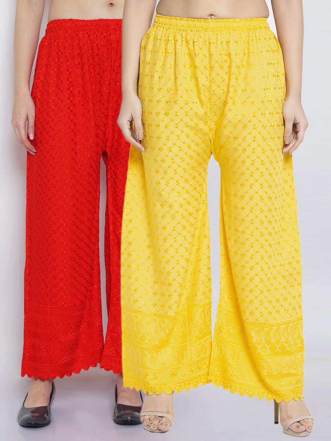 GRACIT Women Red & Yellow Set of  2 Embroidered Flared Knitted Ethnic Palazzos Price in India