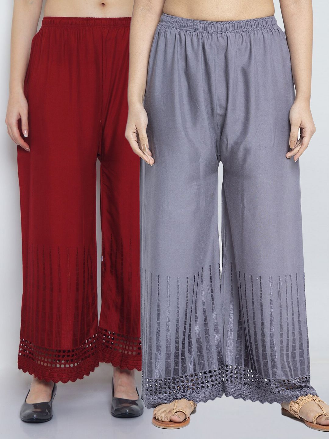 GRACIT Women Set Of 2 Grey & Maroon Minar Hem Design Ethnic Palazzos Price in India