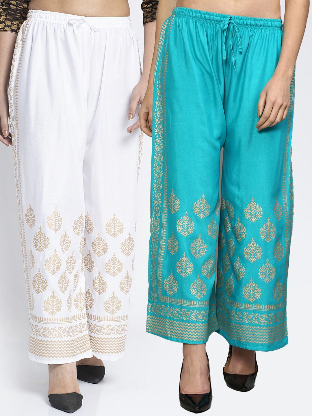 GRACIT Women White & Teal 2 Printed Flared Knitted Ethnic Palazzos Price in India