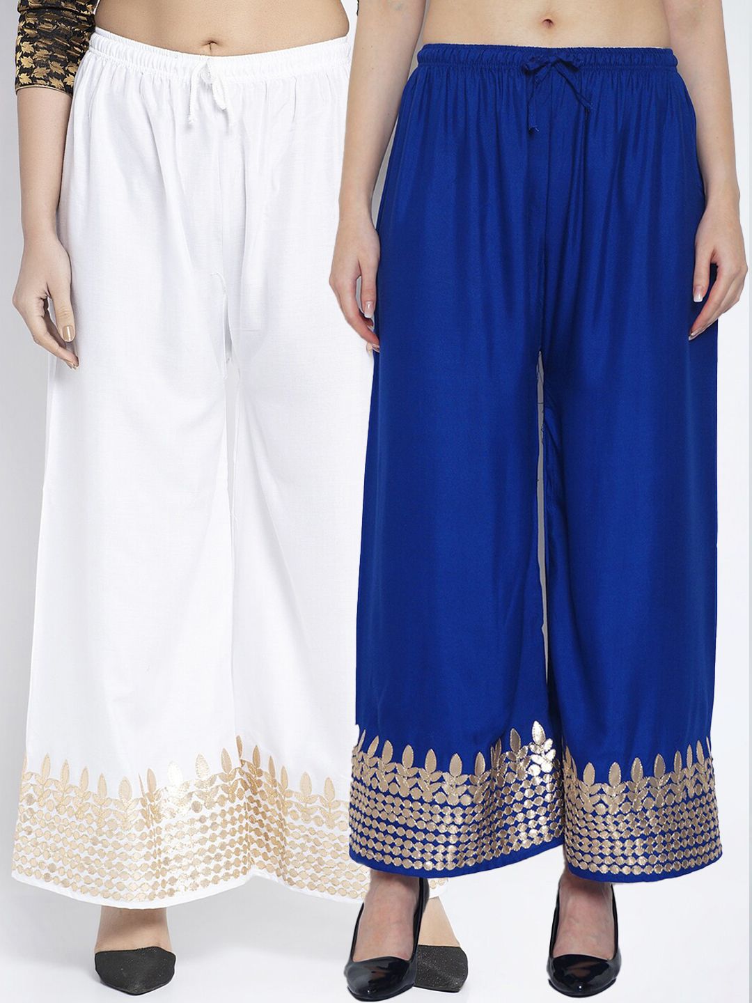 GRACIT Women White & Navy Blue Set of 2 Embroidered Knitted Ethnic Palazzos Price in India