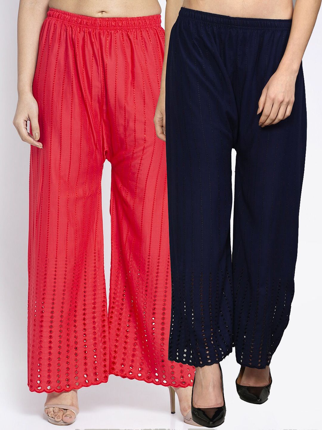 GRACIT Women Red & Navy Blue Self Design Knitted Ethnic Palazzos Set Of 2 Price in India