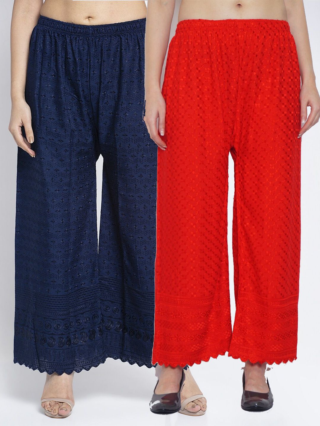 GRACIT Women Red & Navy Blue Rayon Set Of 2 Embroidered Flared Ethnic Palazzos Price in India