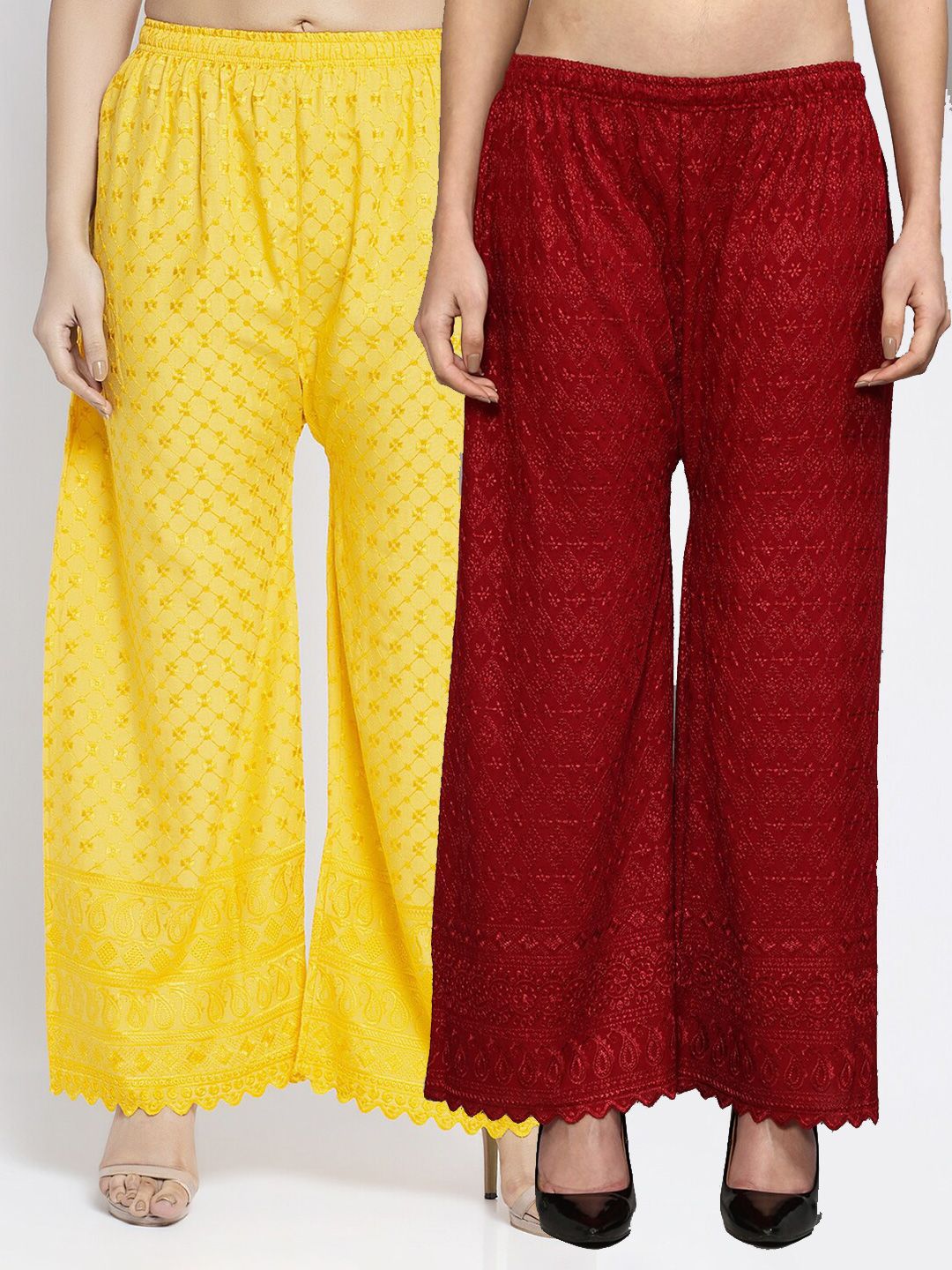 GRACIT Women Set of 2 Yellow & Maroon Chikankari Embroidered Ethnic Palazzos Price in India